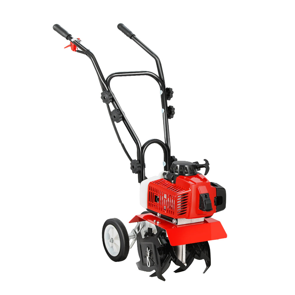 Red and black rotary garden cultivator tiller with two front wheels and handlebar