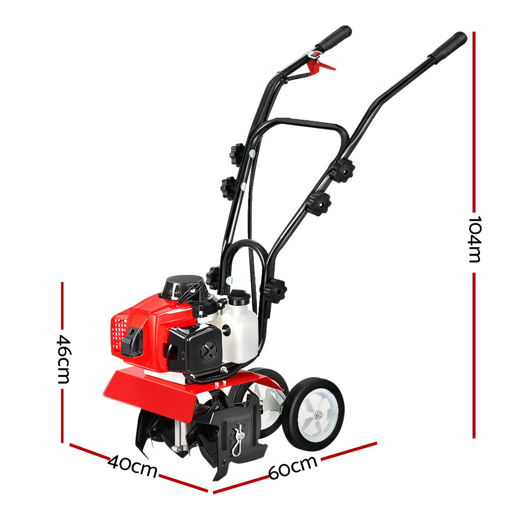 Red gas-powered rotary tiller with front wheels and tall handlebar