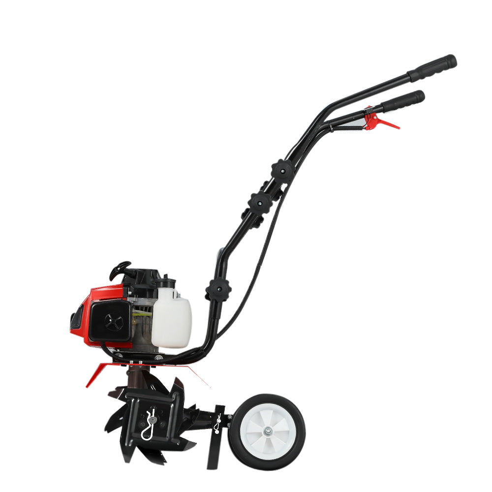 Red and black rotary hoe tiller with loop handles and single front wheel