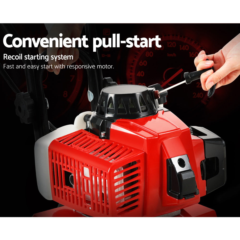 Red recoil-start garden cultivator with black air vent and starter housing