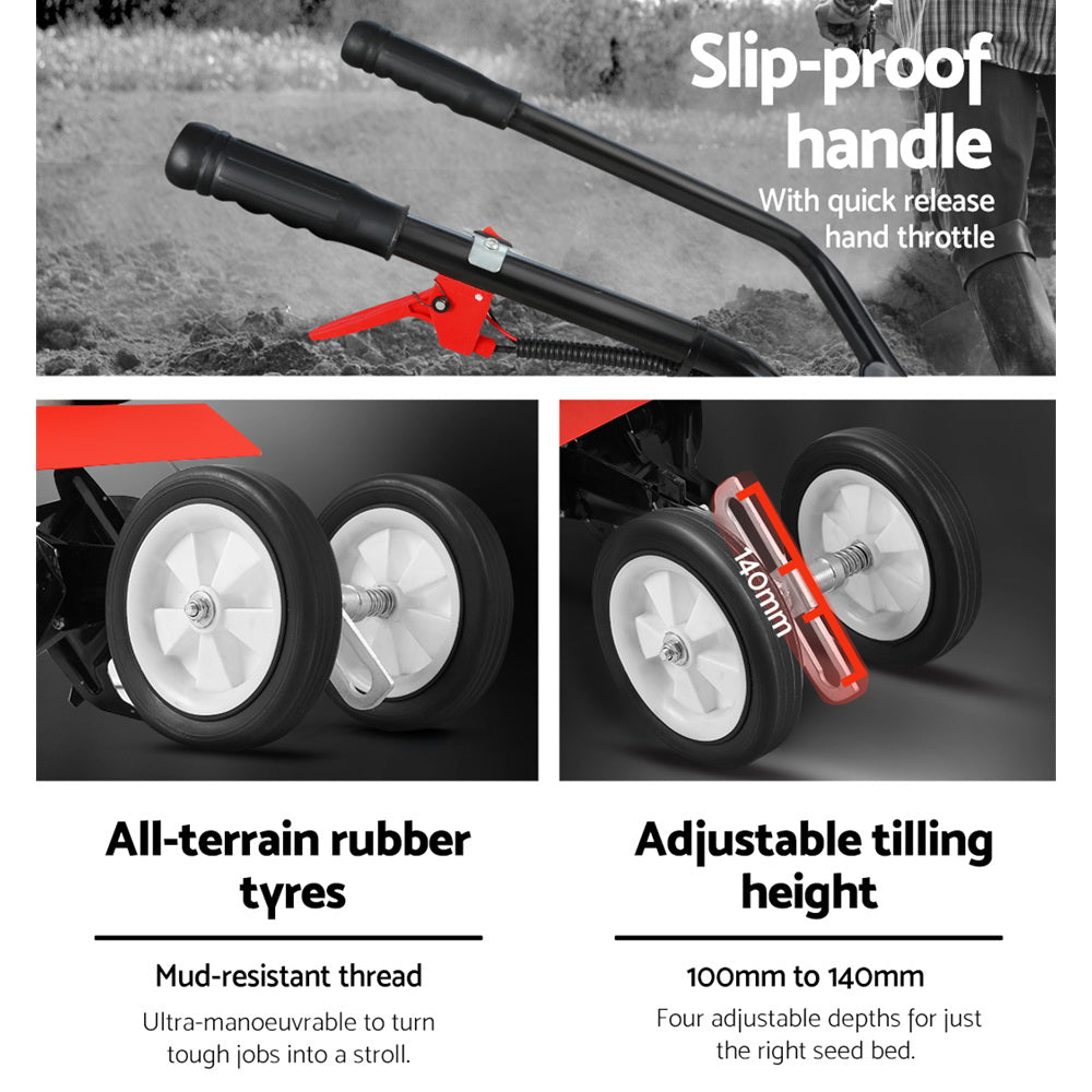 Black slip-proof handle with throttle grip on red rotary tiller, showing tyres