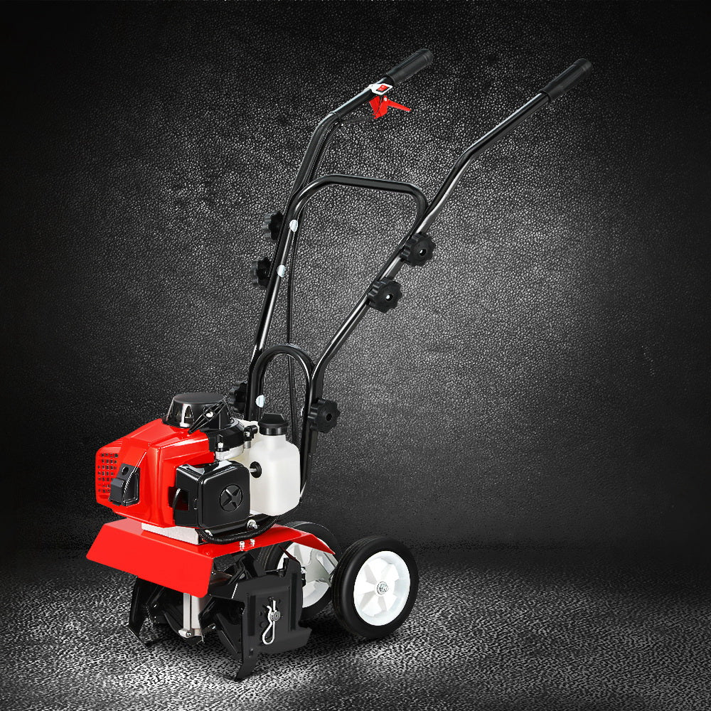 Red and black rotary tiller with two front wheels, dual handles, and blade housing