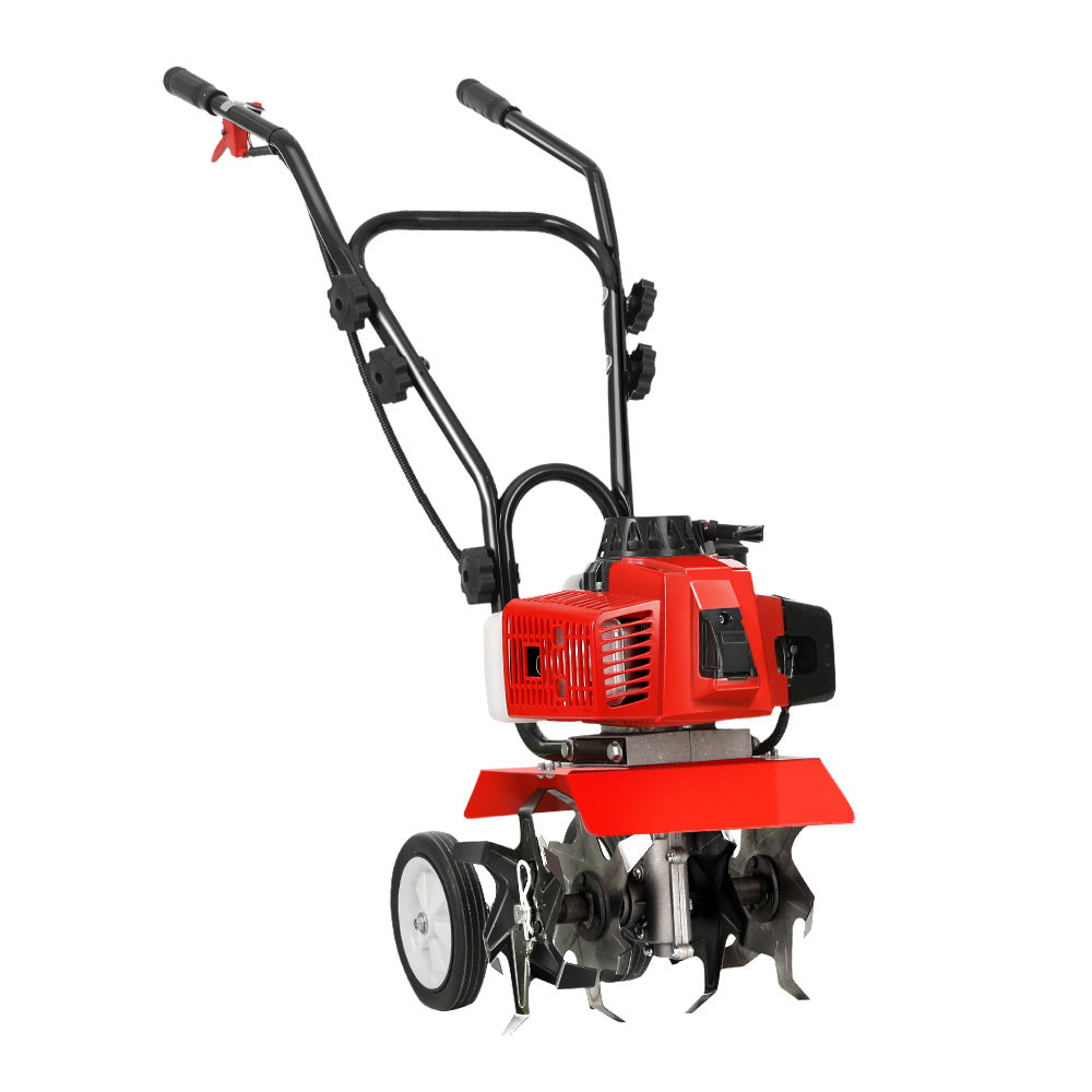 Red and black rotary garden cultivator with four steel tiller blades and wheels