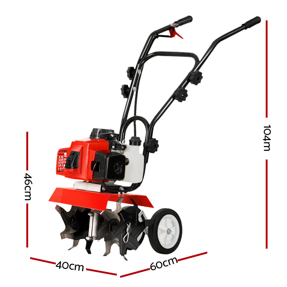 Rotary hoe tiller with red engine housing, black handlebar, and four front blades