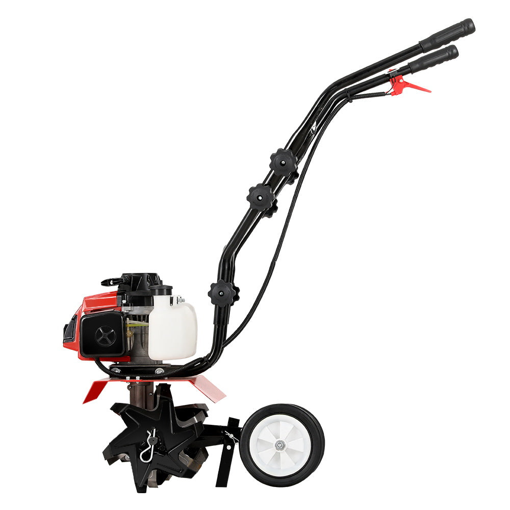 Rotary hoe cultivator with red engine, black U-handle, and front blade tines with wheel