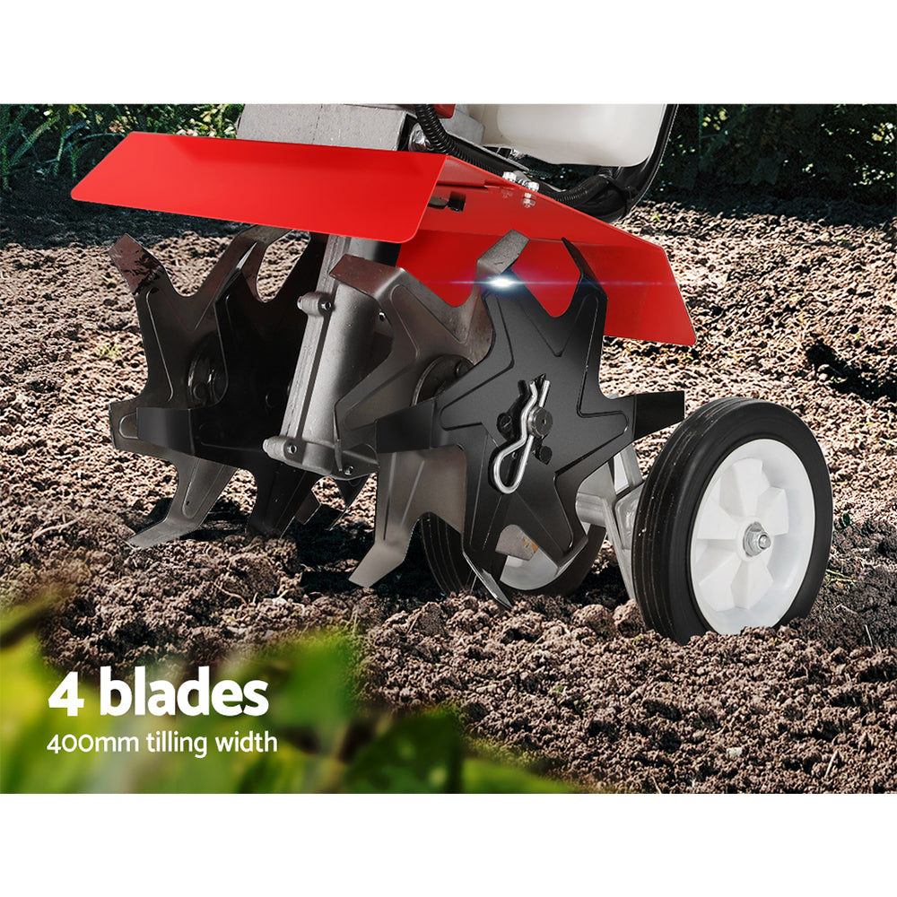 Rotary garden tiller with four-blade steel tines and red protective guard panel