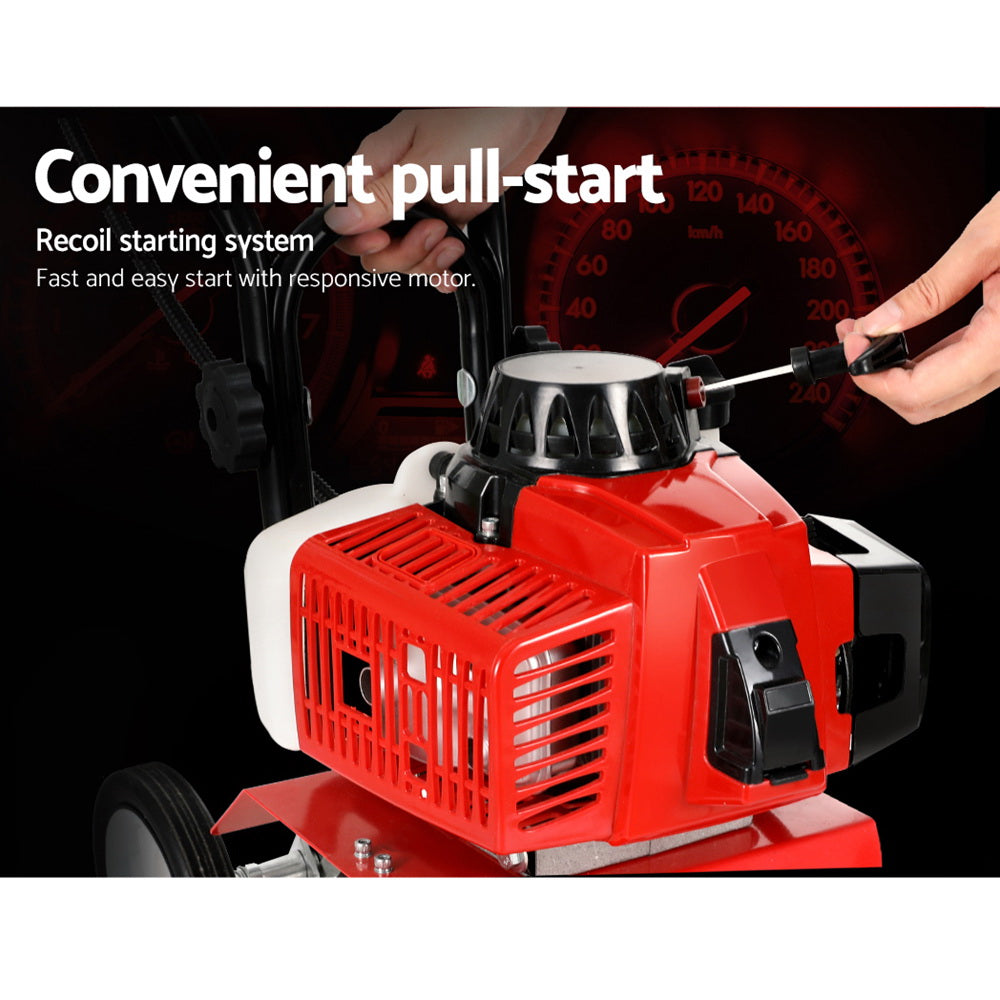 Red pull-start garden rototiller with vented engine housing and front blade assembly