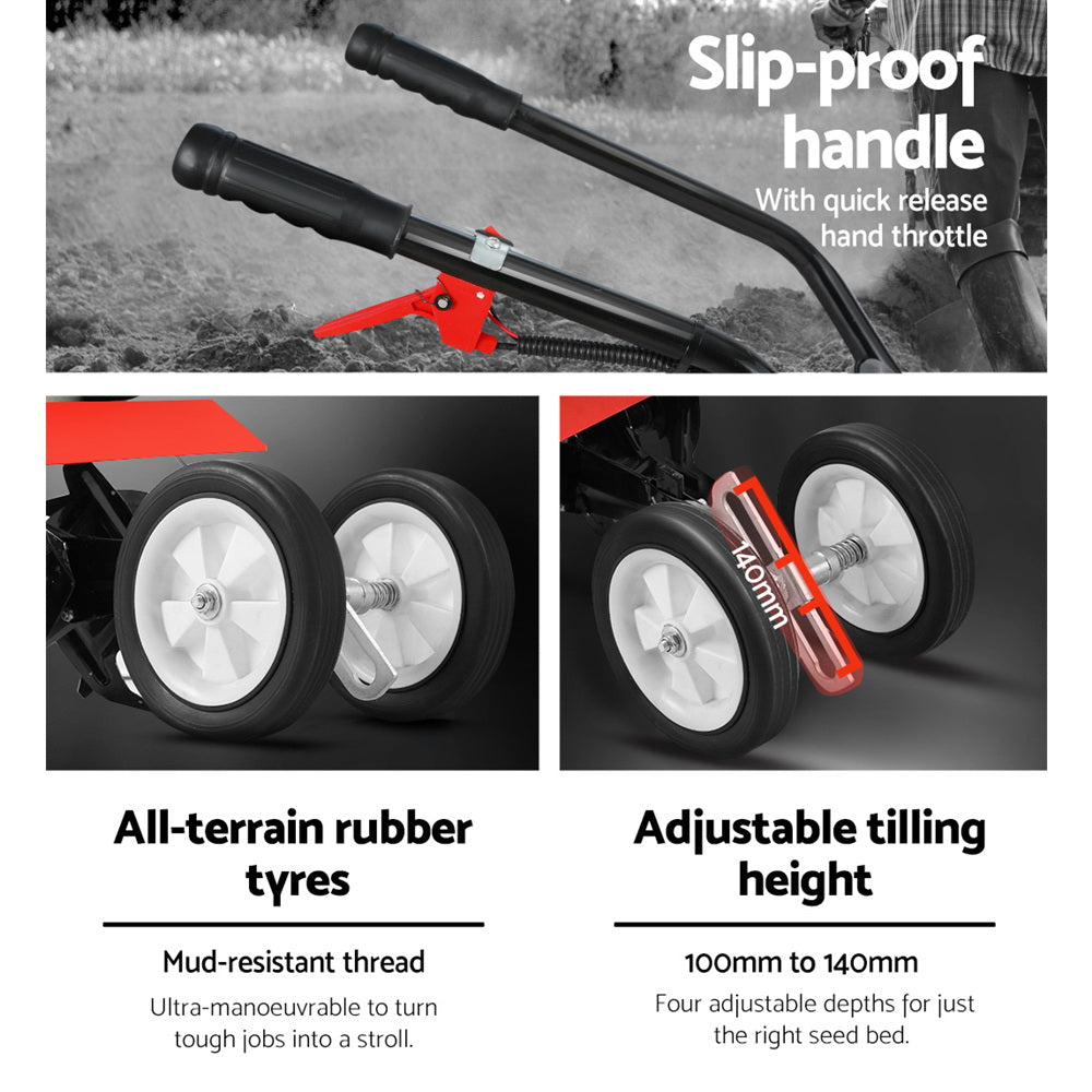 Garden rototiller with slip-proof handle, large wheels, and adjustable tilling height