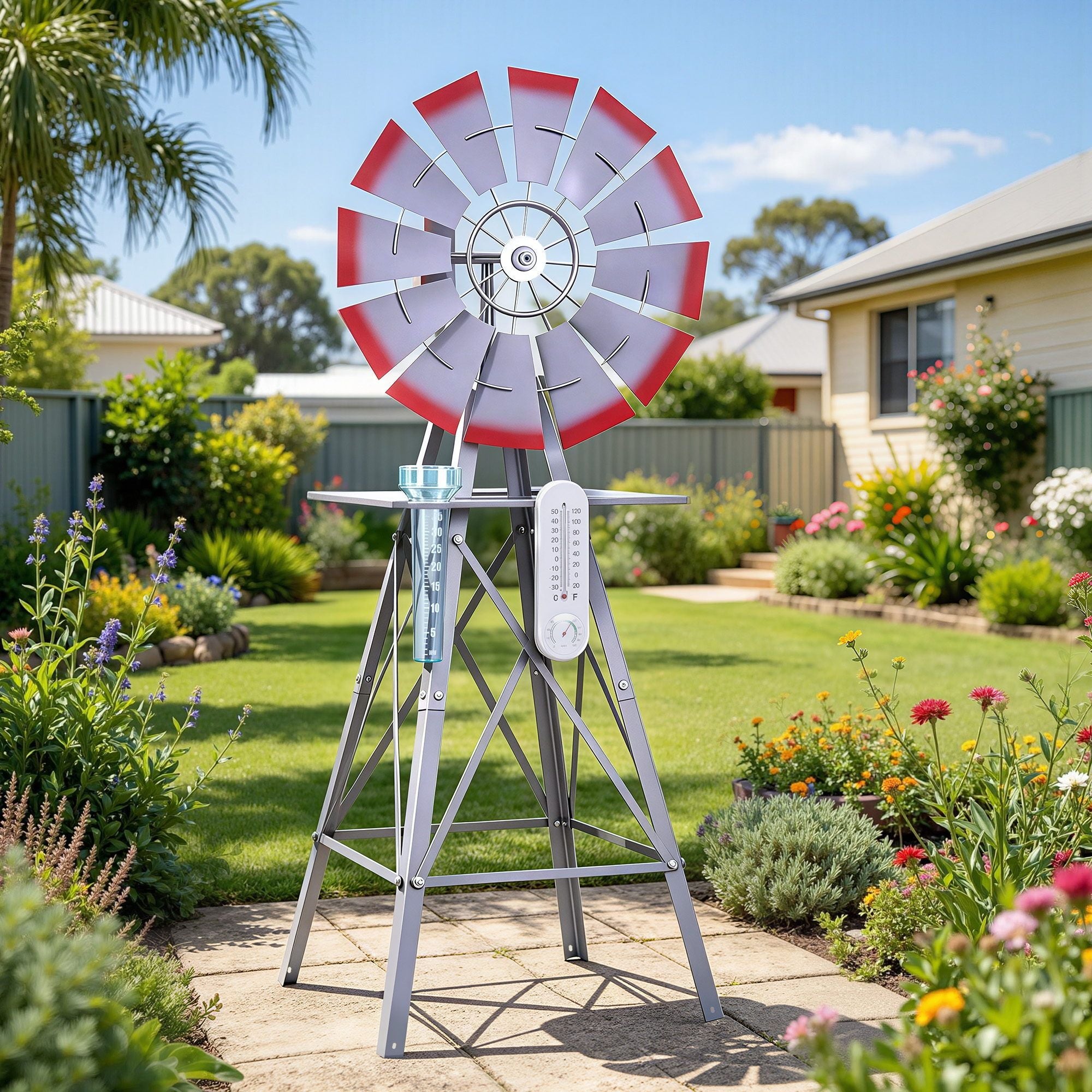 Gardeon Garden Windmill Metal Weather Station with Rain Gauge 122cm Silver Bedworld