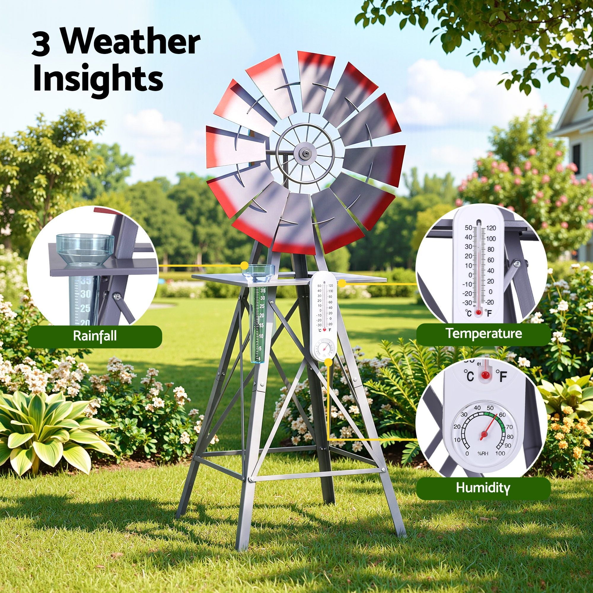 Gardeon Garden Windmill Metal Weather Station with Rain Gauge 122cm Silver Bedworld