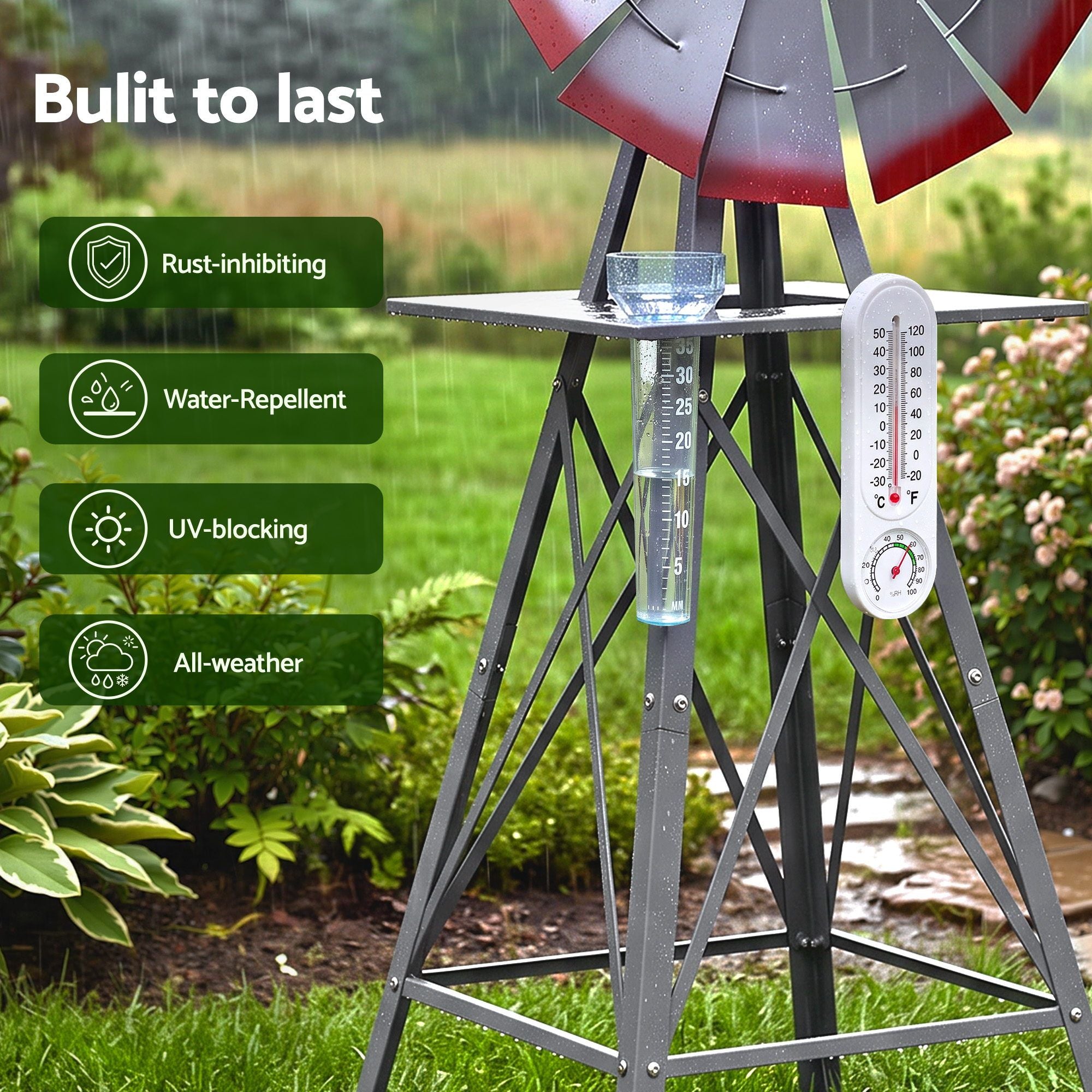 Gardeon Garden Windmill Metal Weather Station with Rain Gauge 122cm Silver Bedworld