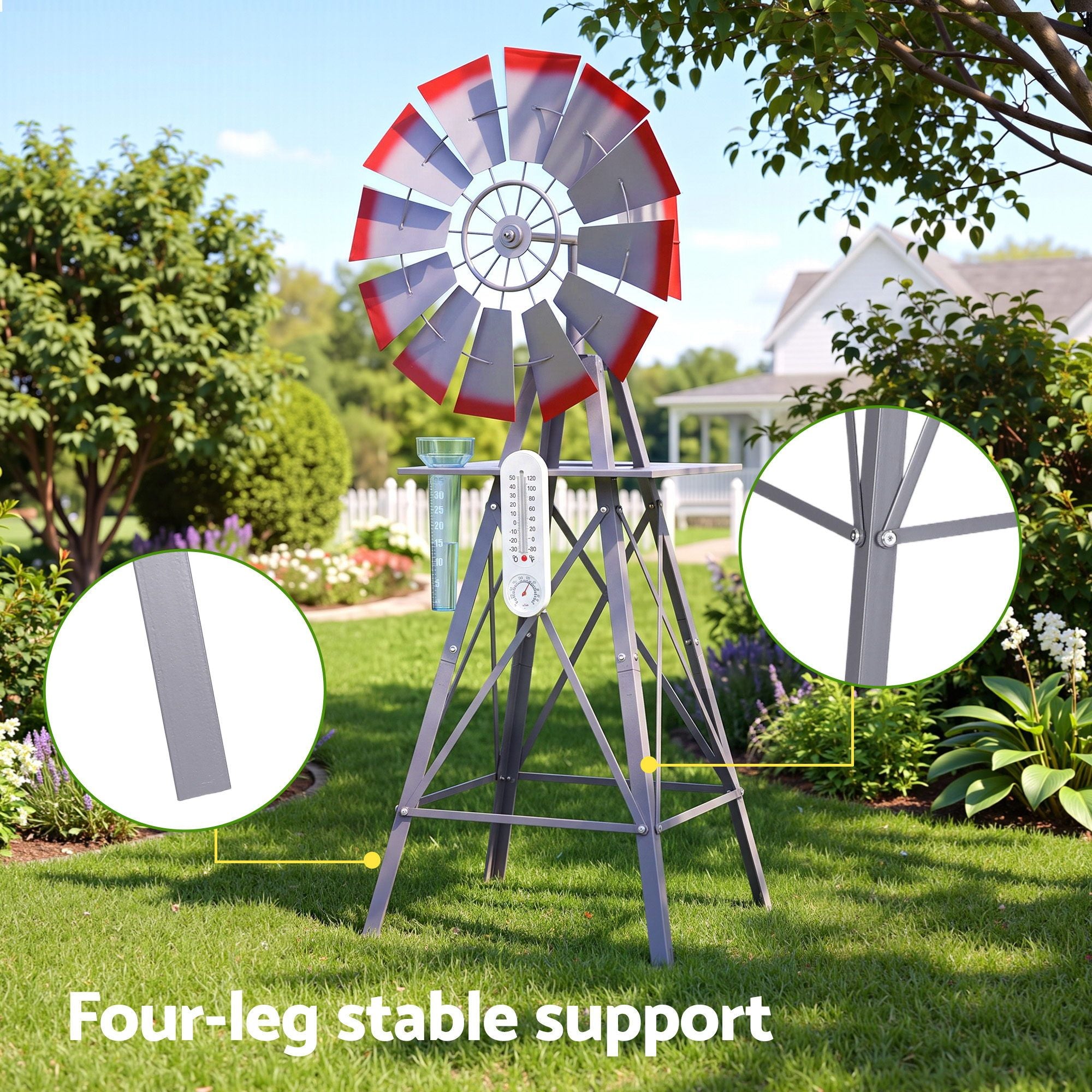 Gardeon Garden Windmill Metal Weather Station with Rain Gauge 122cm Silver Bedworld