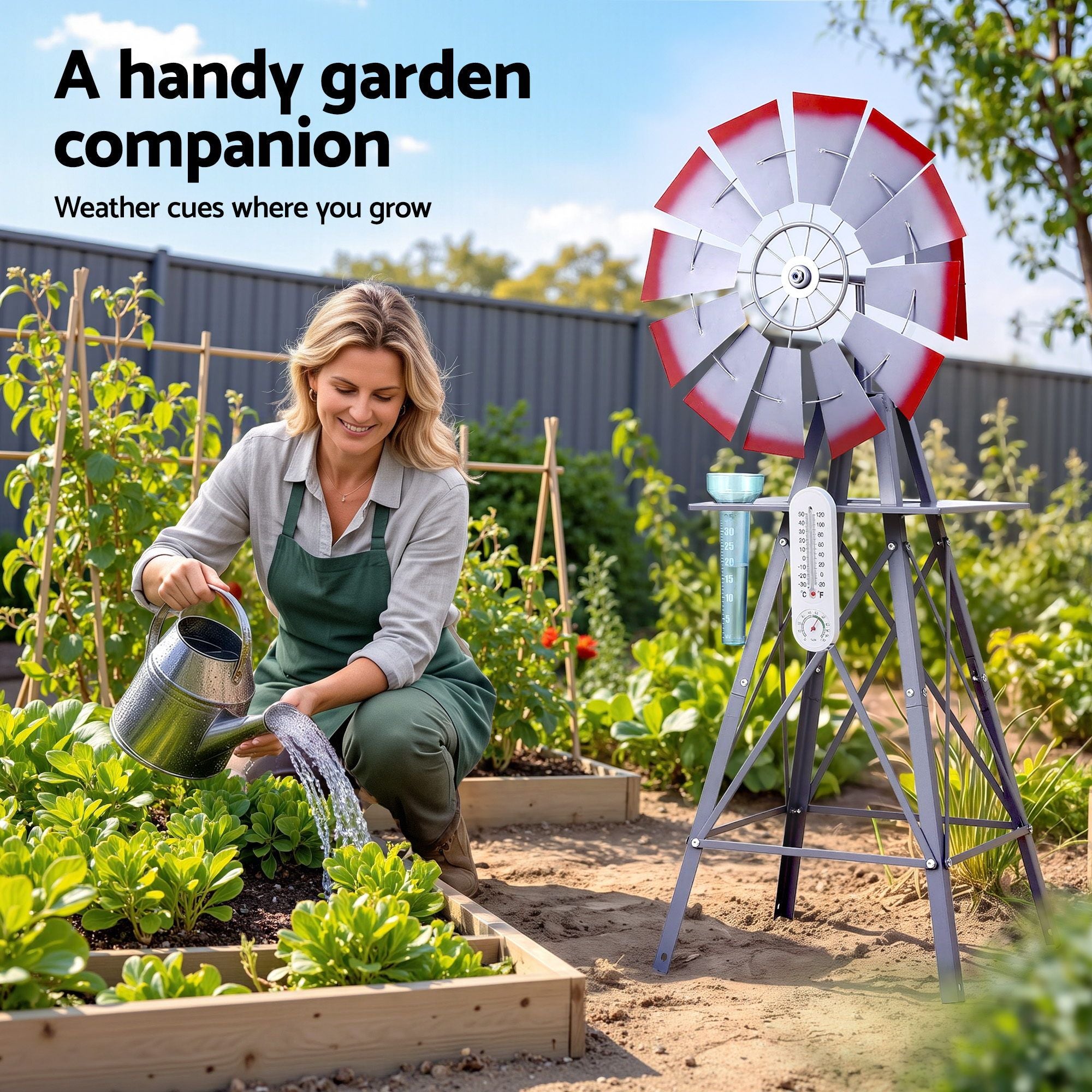 Gardeon Garden Windmill Metal Weather Station with Rain Gauge 122cm Silver Bedworld