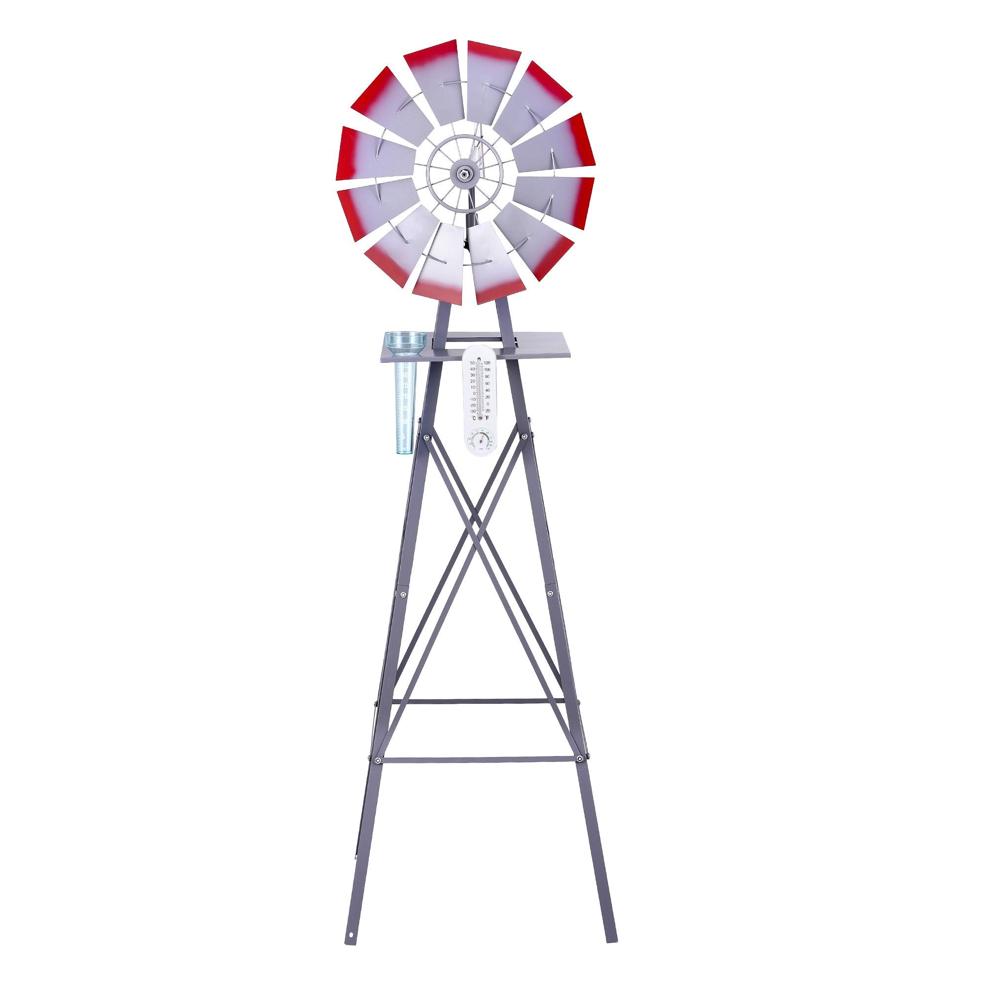 Gardeon Garden Windmill Metal Weather Station with Rain Gauge 182cm Silver Bedworld