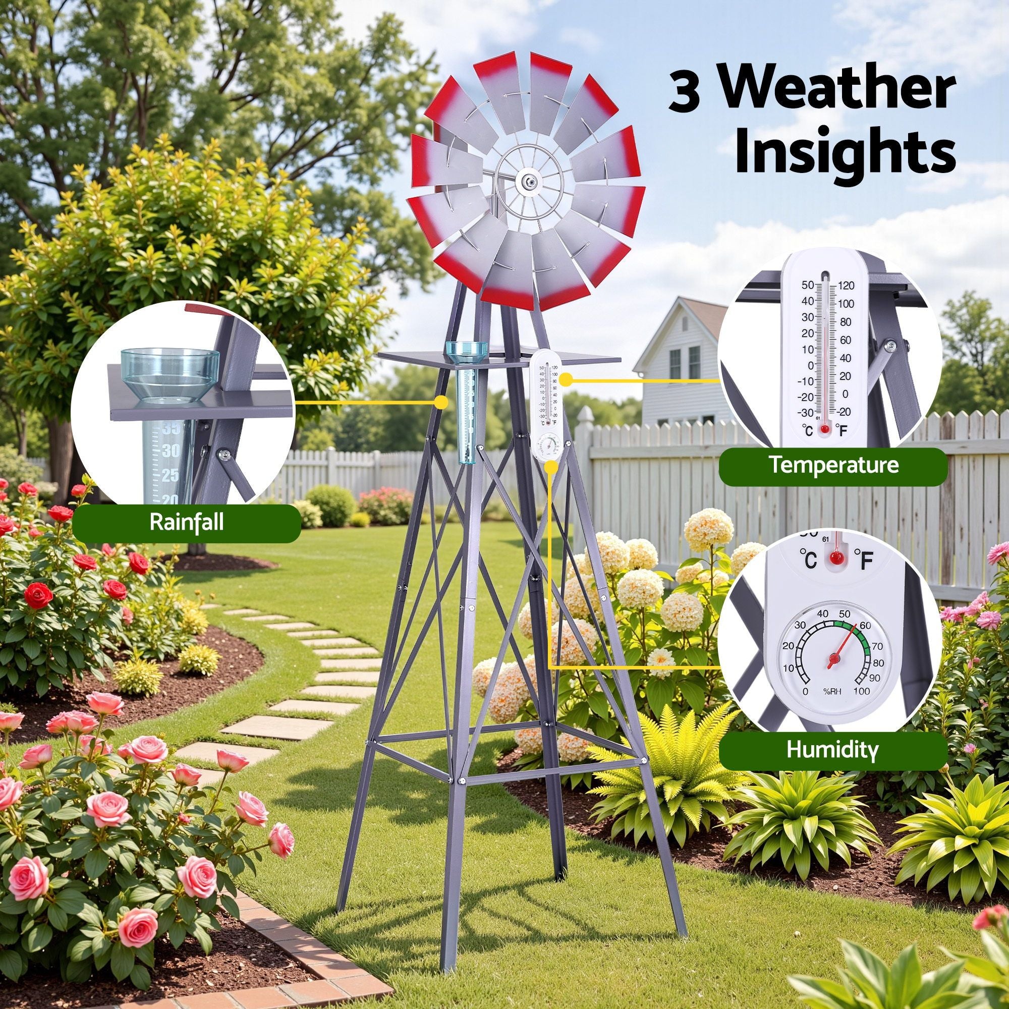 Gardeon Garden Windmill Metal Weather Station with Rain Gauge 182cm Silver Bedworld