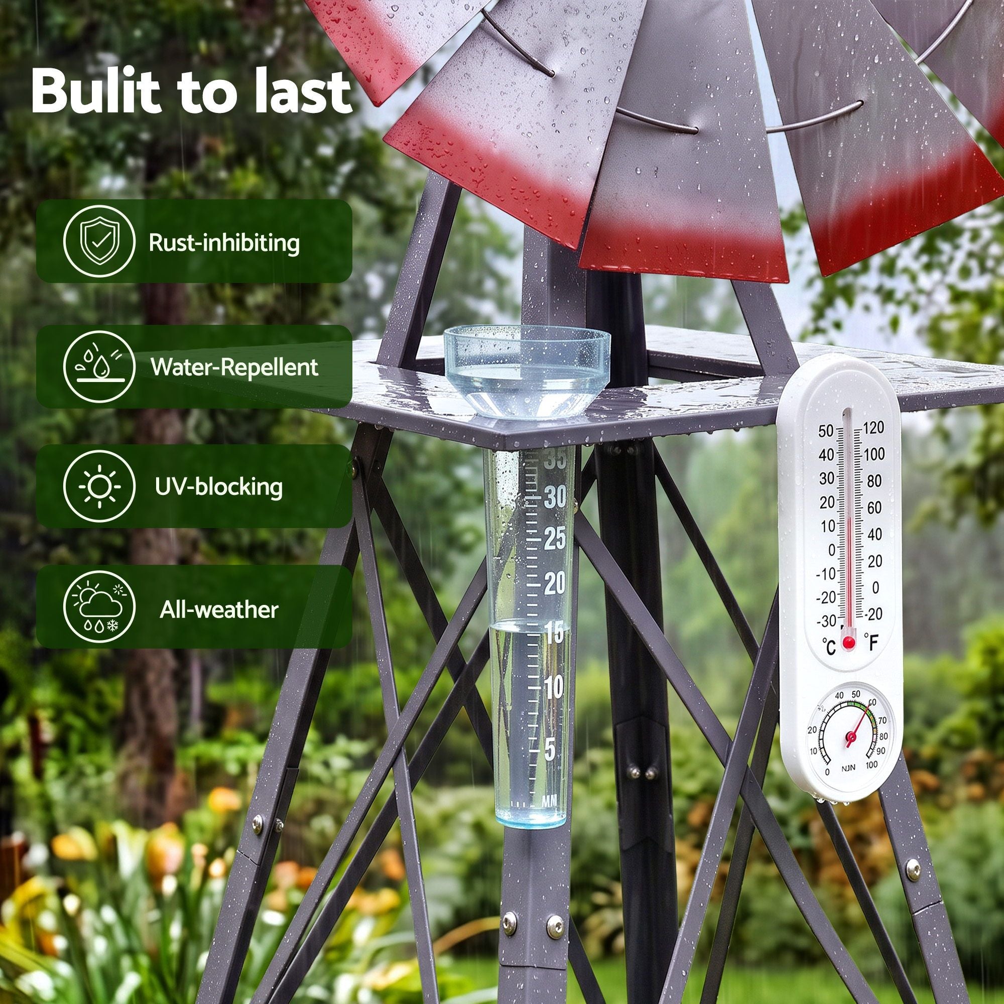Gardeon Garden Windmill Metal Weather Station with Rain Gauge 182cm Silver Bedworld