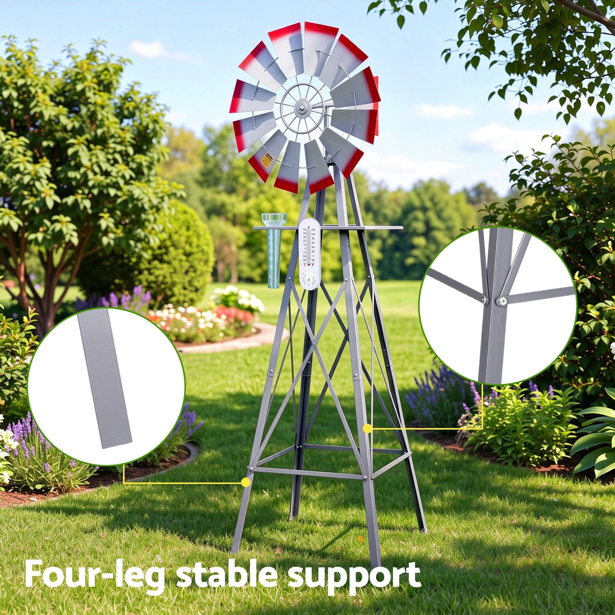 Gardeon Garden Windmill Metal Weather Station with Rain Gauge 182cm Silver Bedworld