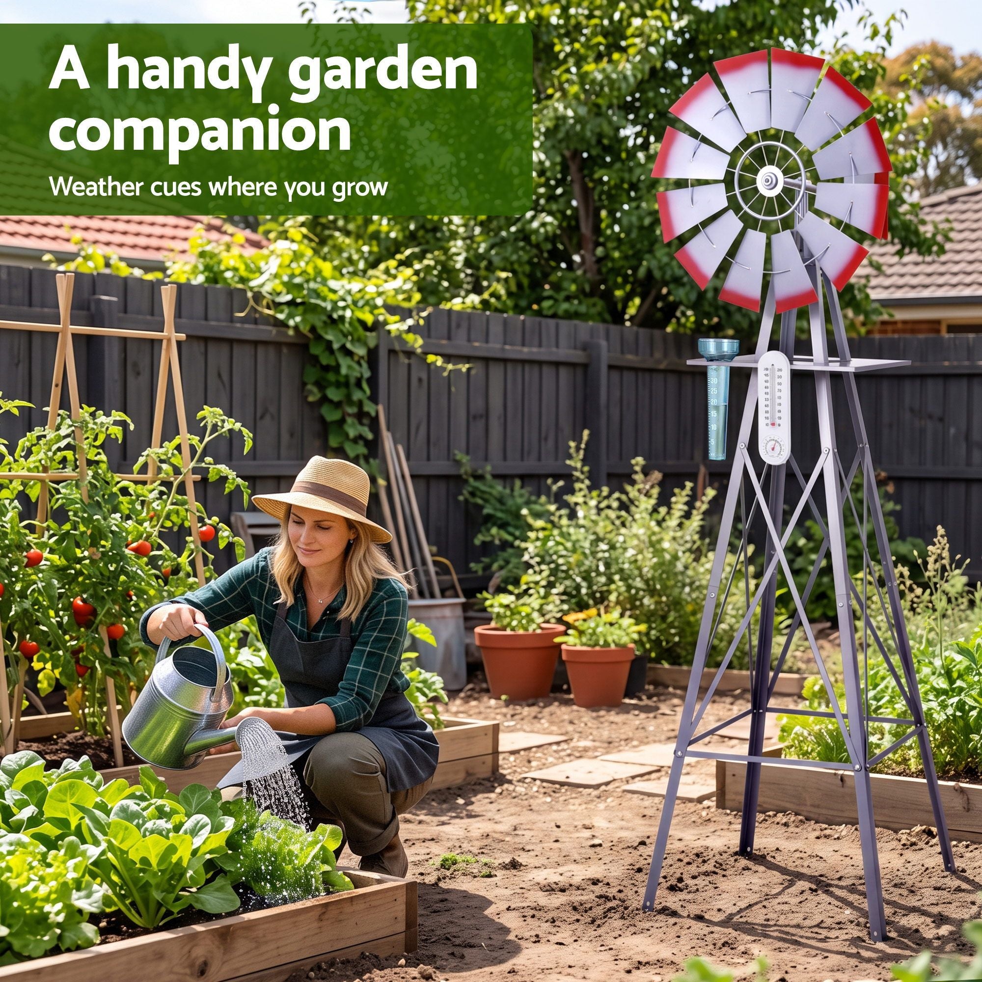 Gardeon Garden Windmill Metal Weather Station with Rain Gauge 182cm Silver Bedworld