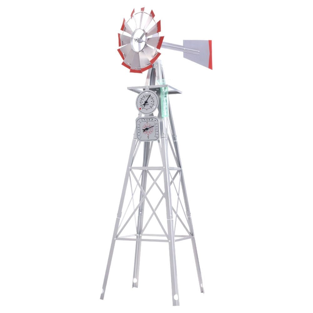 Outdoor metal windmill weather station with red-and-white wind spinner and two gauge dials
