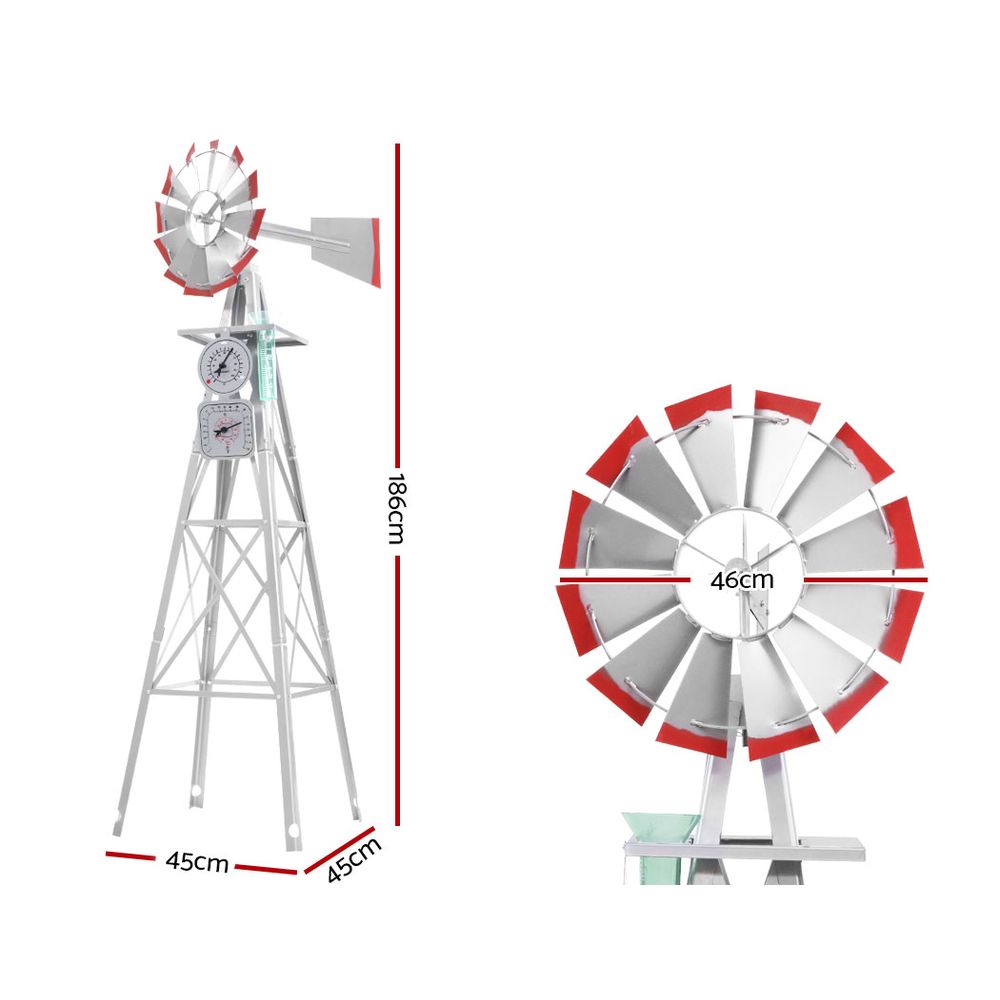 Metal windmill weather station size diagram, height 186cm, base 45cm, red wind spinner