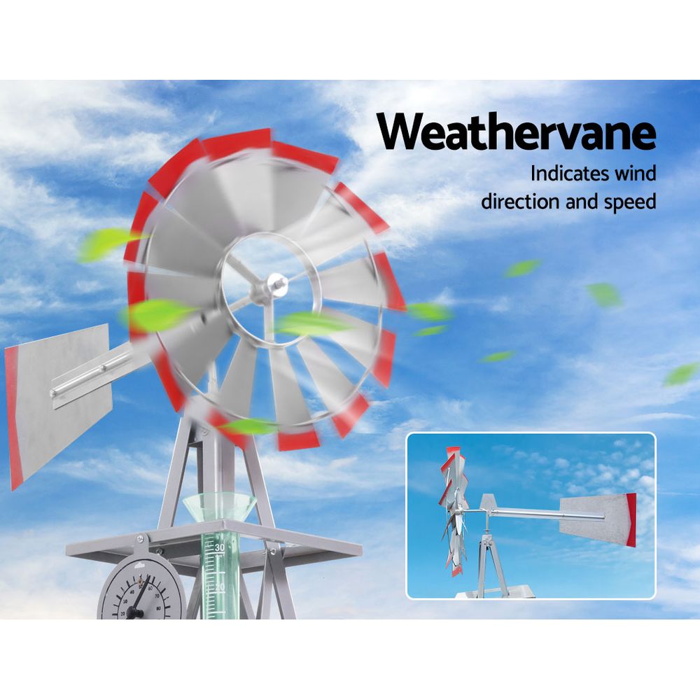 Red-and-white weather vane wind spinner with central rotating hub and side fins