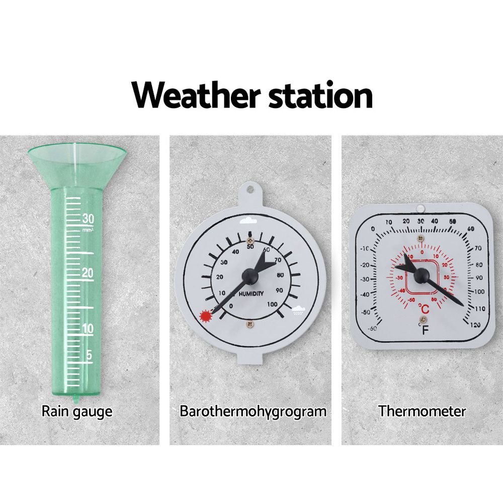 Weather station set with rain gauge, barometer/hygrometer dial, and thermometer with temperature scale