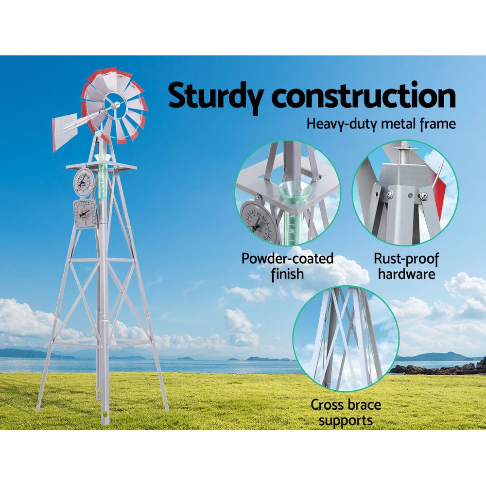 Outdoor metal windmill weather station with sturdy frame, cross braces, and rust-resistant hardware