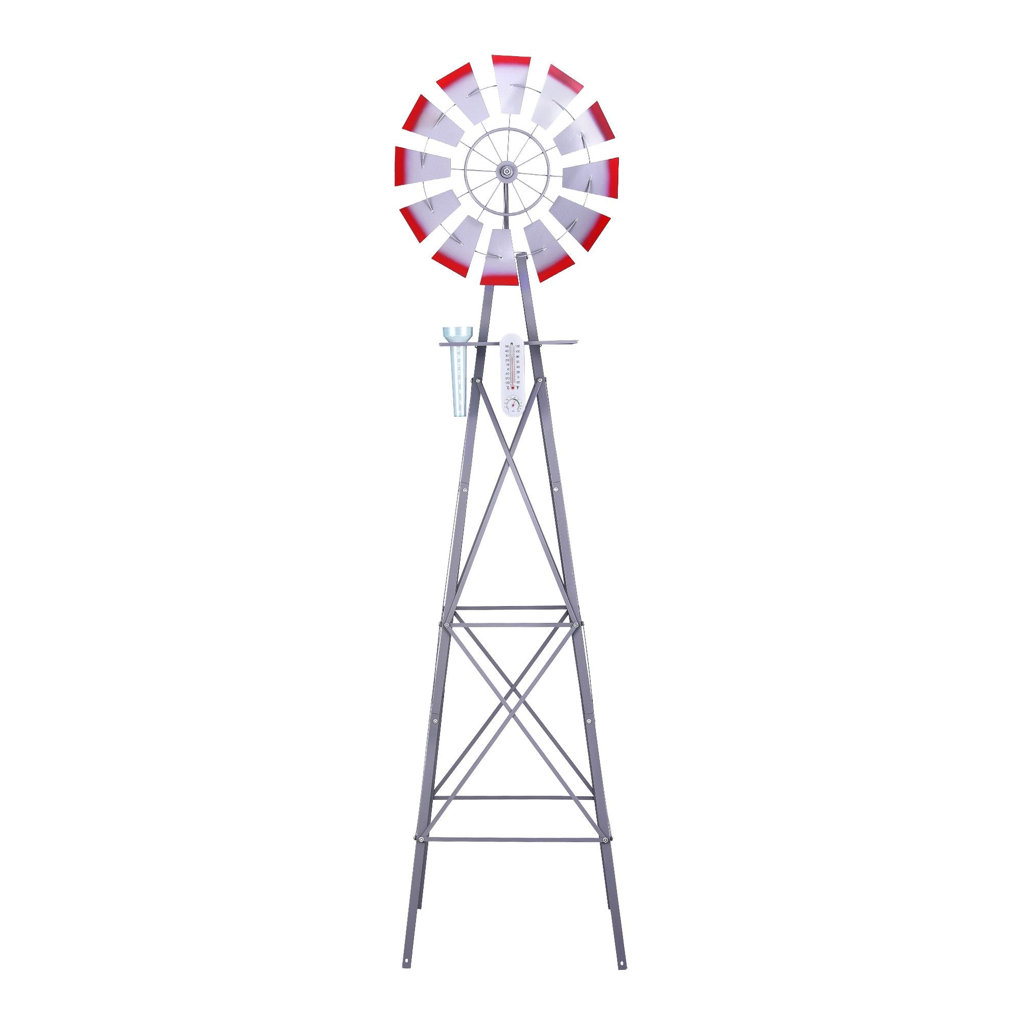 Gardeon Garden Windmill Metal Weather Station with Rain Gauge 243cm Silver Bedworld