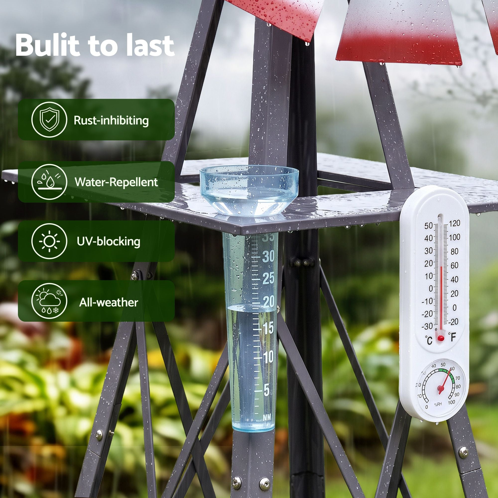 Gardeon Garden Windmill Metal Weather Station with Rain Gauge 243cm Silver Bedworld