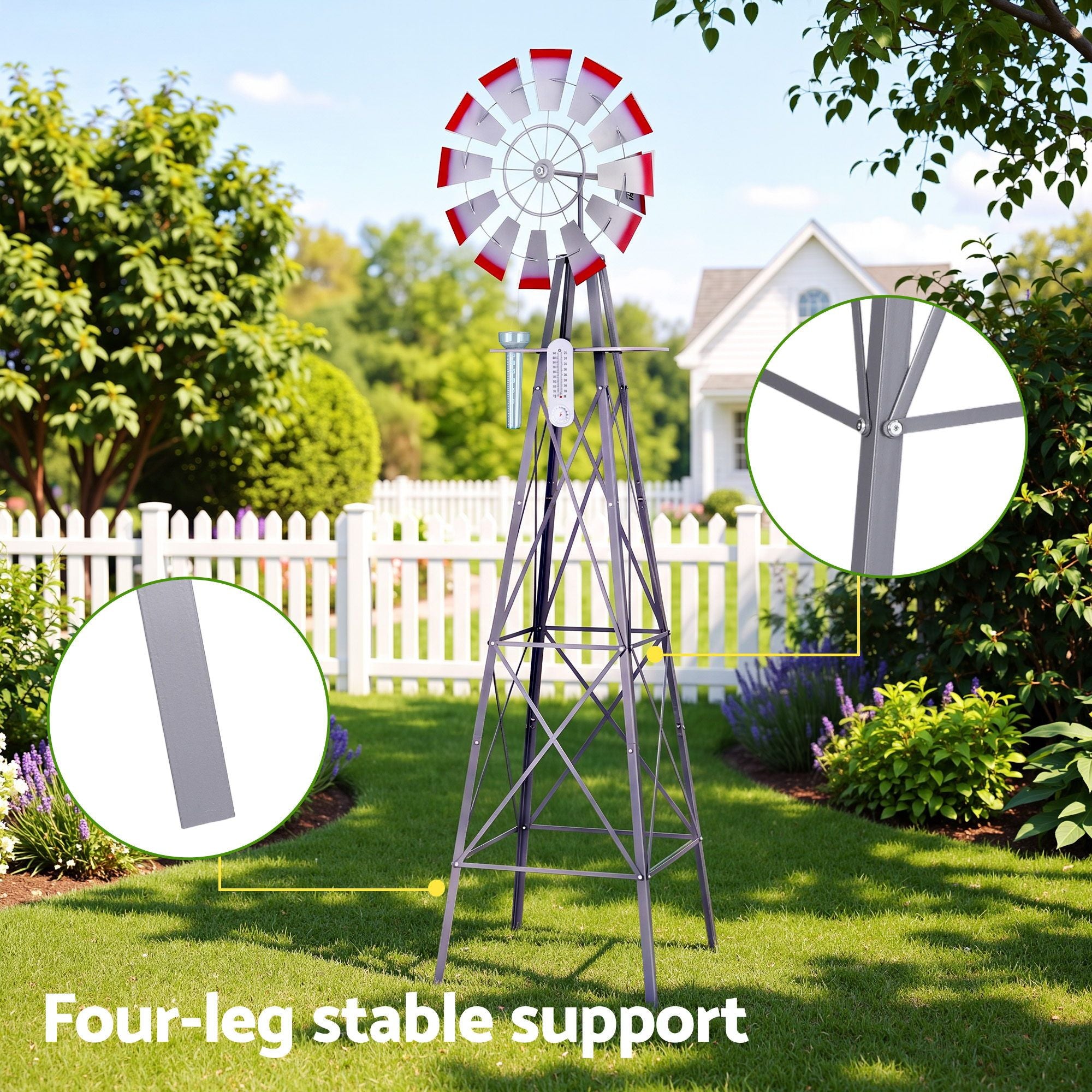 Gardeon Garden Windmill Metal Weather Station with Rain Gauge 243cm Silver Bedworld