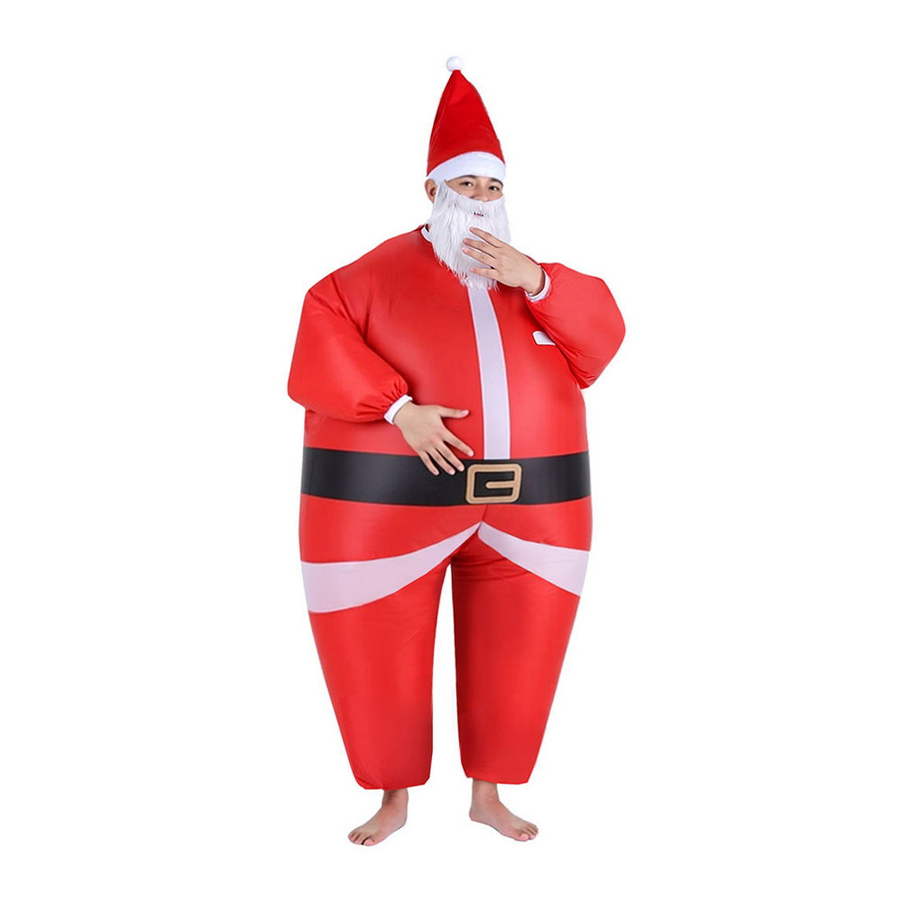 Inflatable red Santa Claus adult costume with white beard, black belt trim, and hat