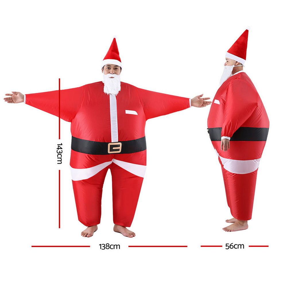 Inflatable red Santa Claus costume with white beard, black belt, and arms out pose