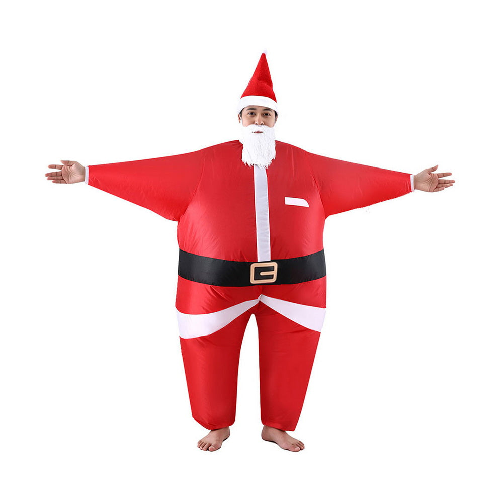 Inflatable red Santa Claus costume with white beard, black belt, and arms stretched wide