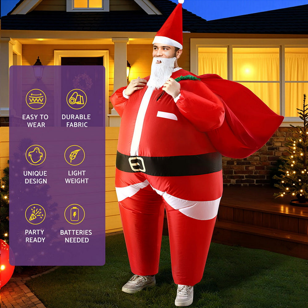 Inflatable red Santa Claus costume with white beard, black belt, and red hooded hat