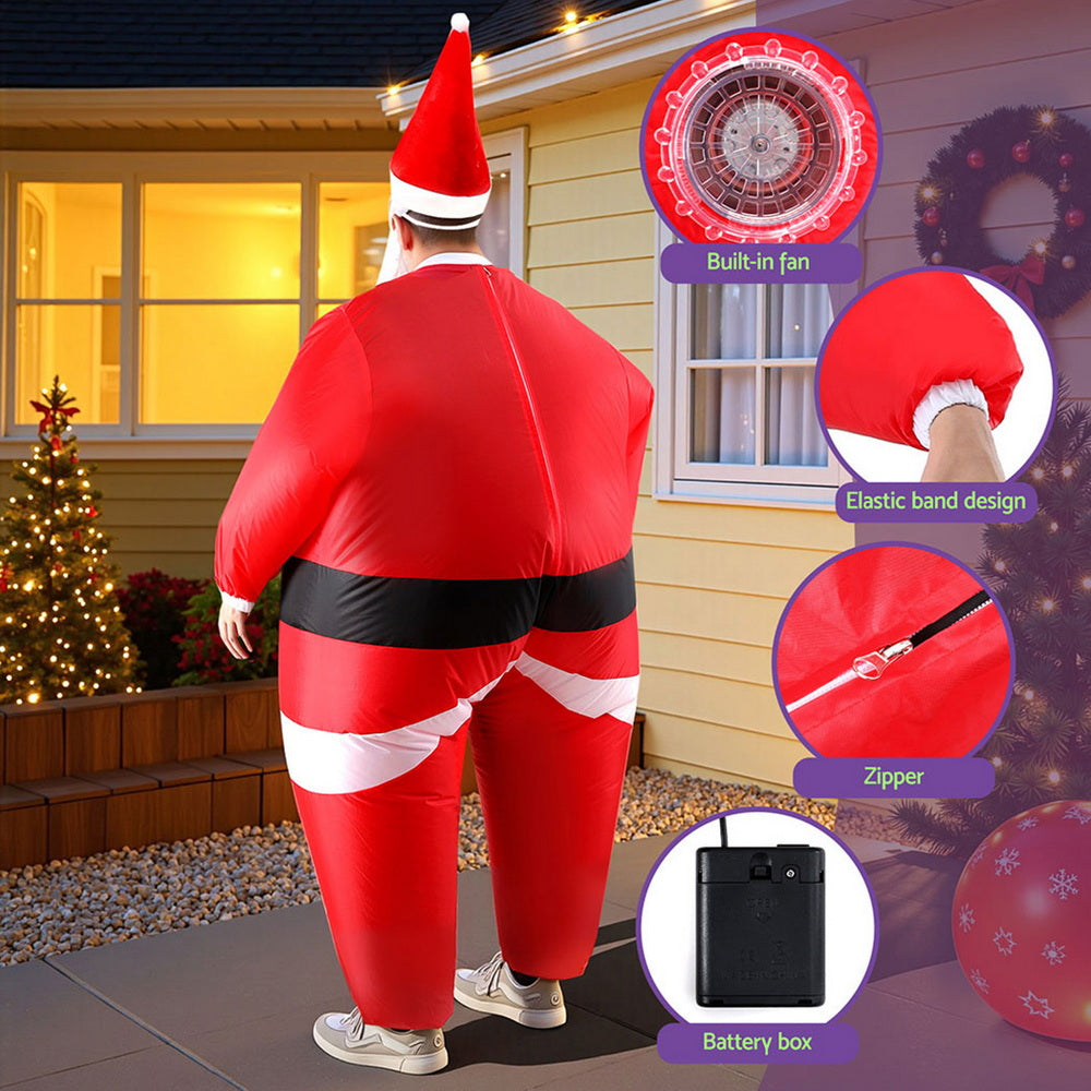 Inflatable red Santa Claus costume with white belt panel and white beard, back view