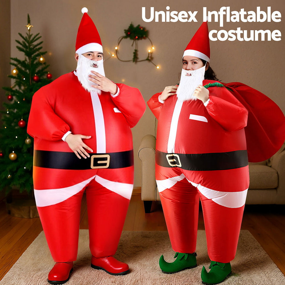 Inflatable Santa Claus costume set with white beard, black belt, and red cone hat