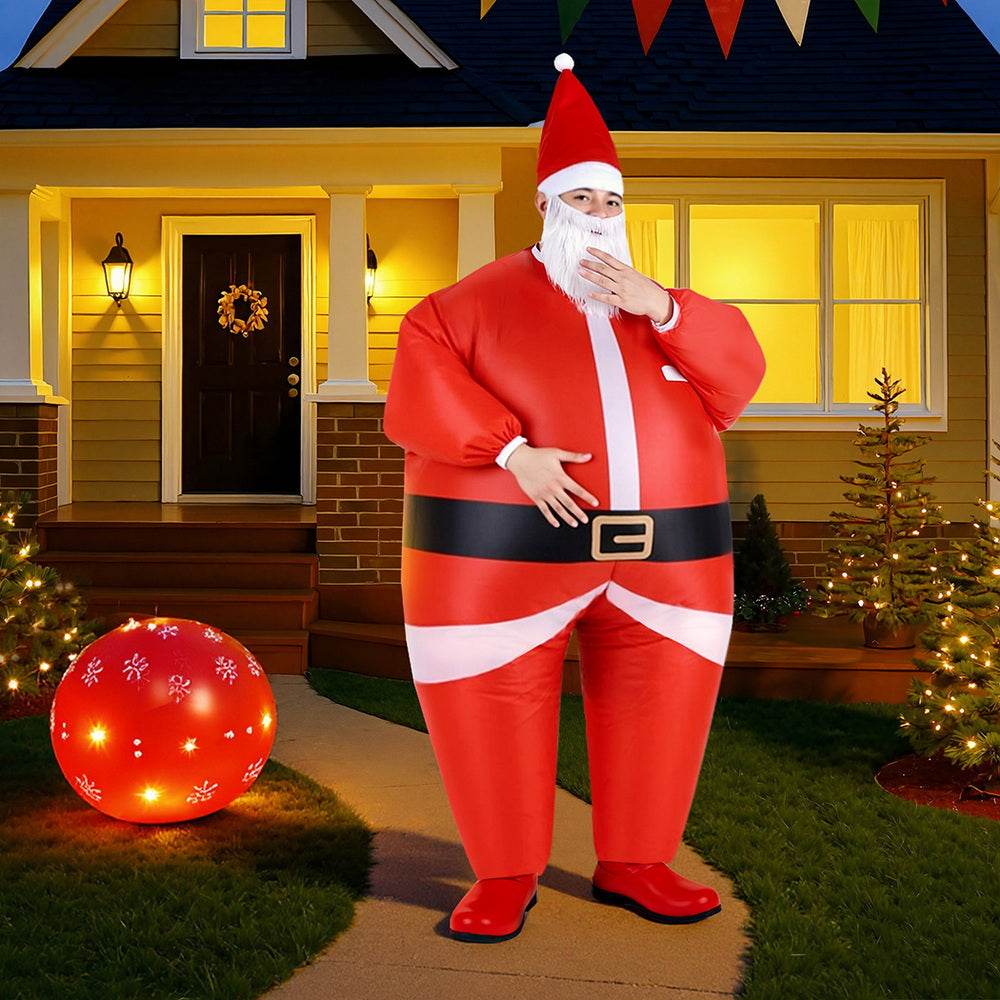 Inflatable red Santa Claus costume with white beard, black belt trim, and full-length pants