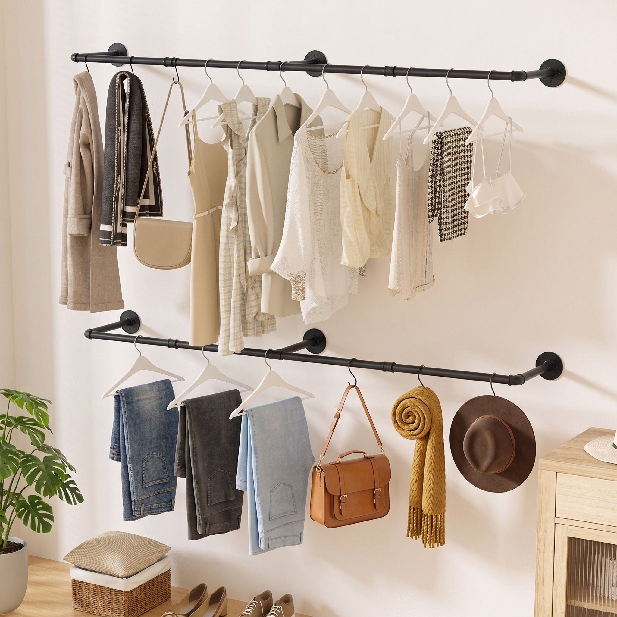 Artiss Clothes Rack Garment Rail Metal Industrial Pipe Wall Mounted 2 Pack Bedworld