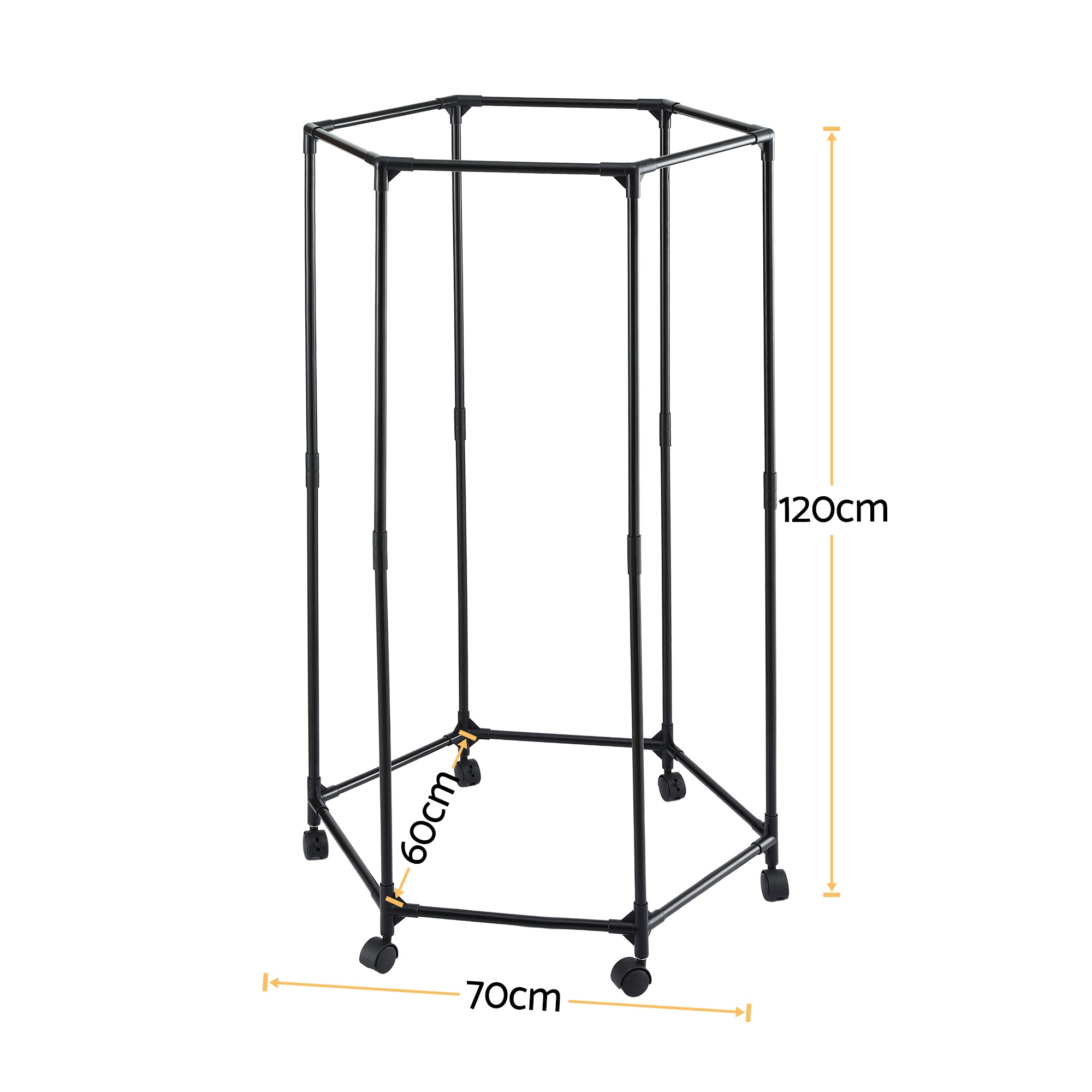 Black metal clothes rack frame with caster base, shown full height with size markings
