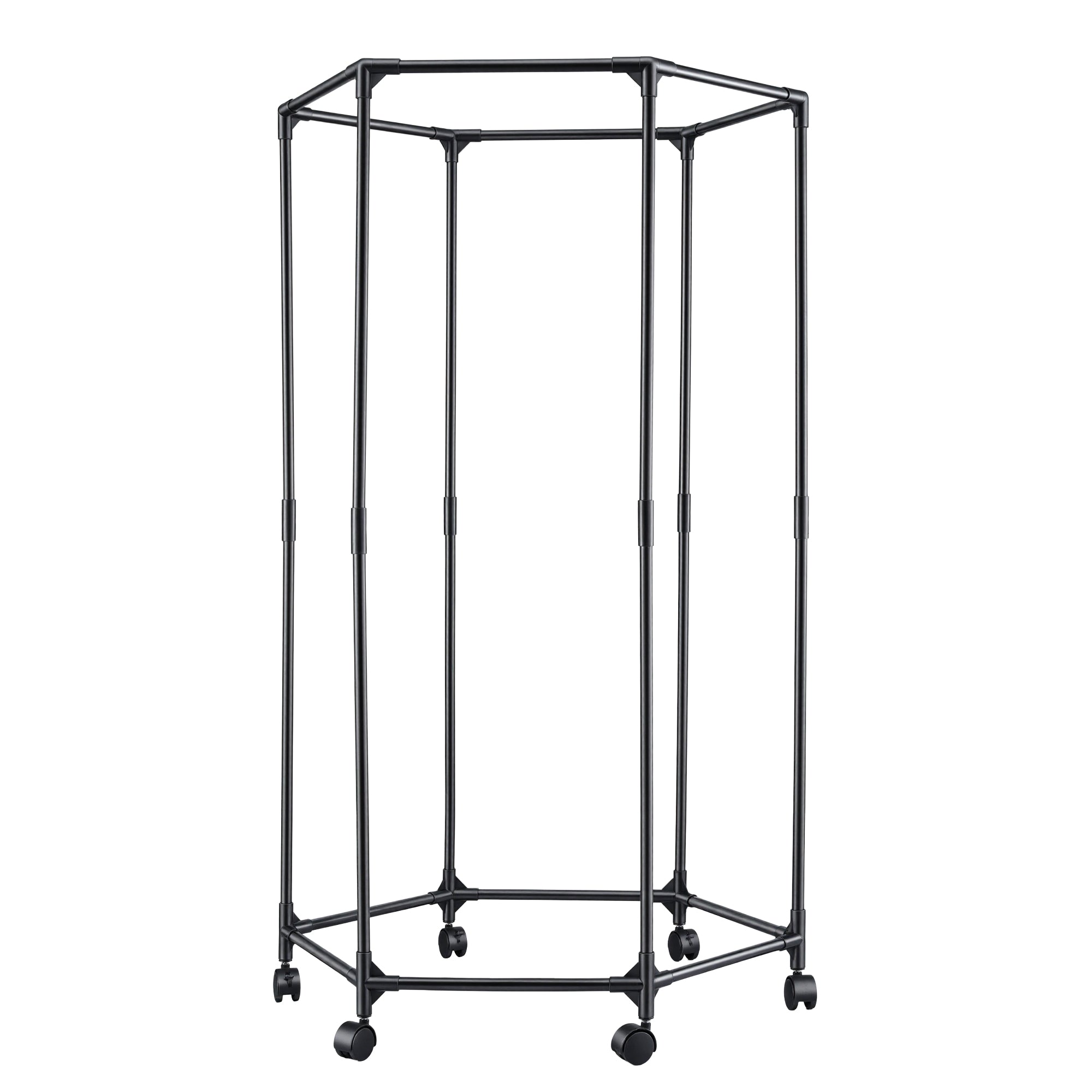 Black metal clothes rack with four vertical posts and caster wheels, front view
