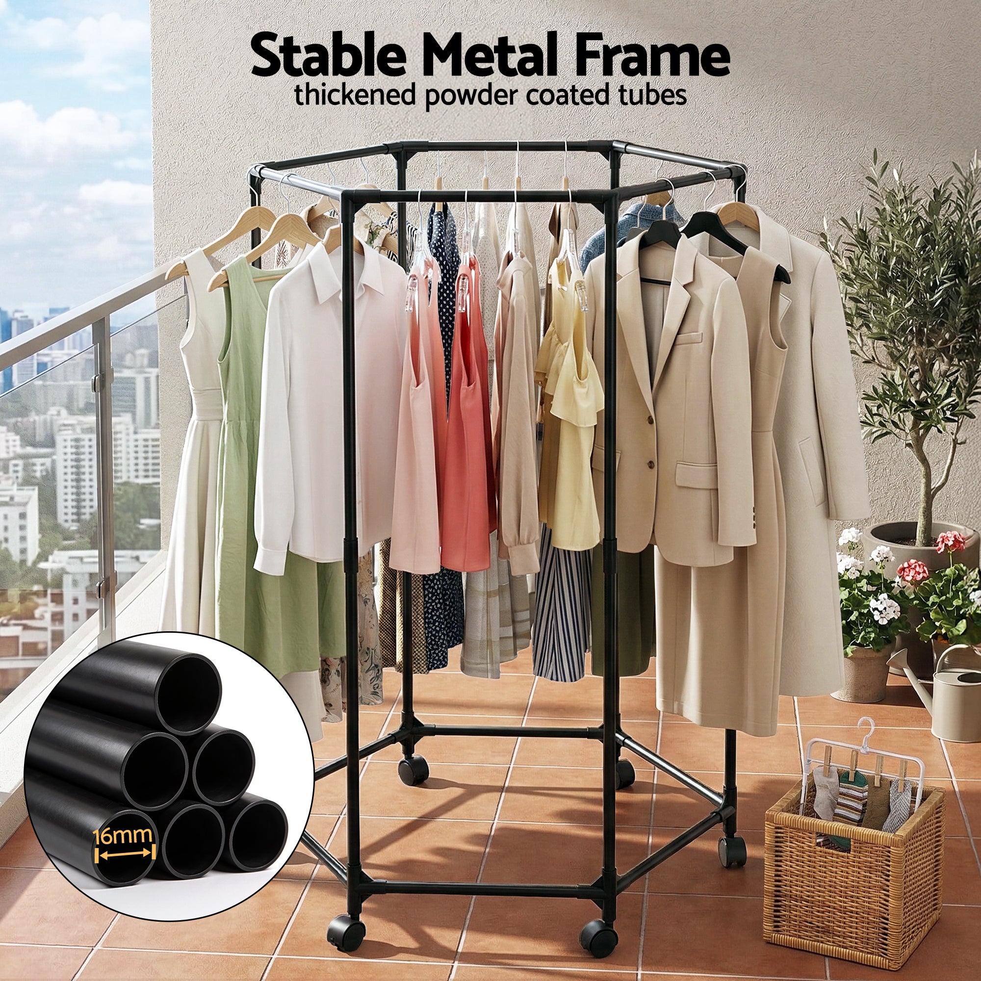 Black clothes rack with curved top frame and six hanging rods, holding jackets on hangers