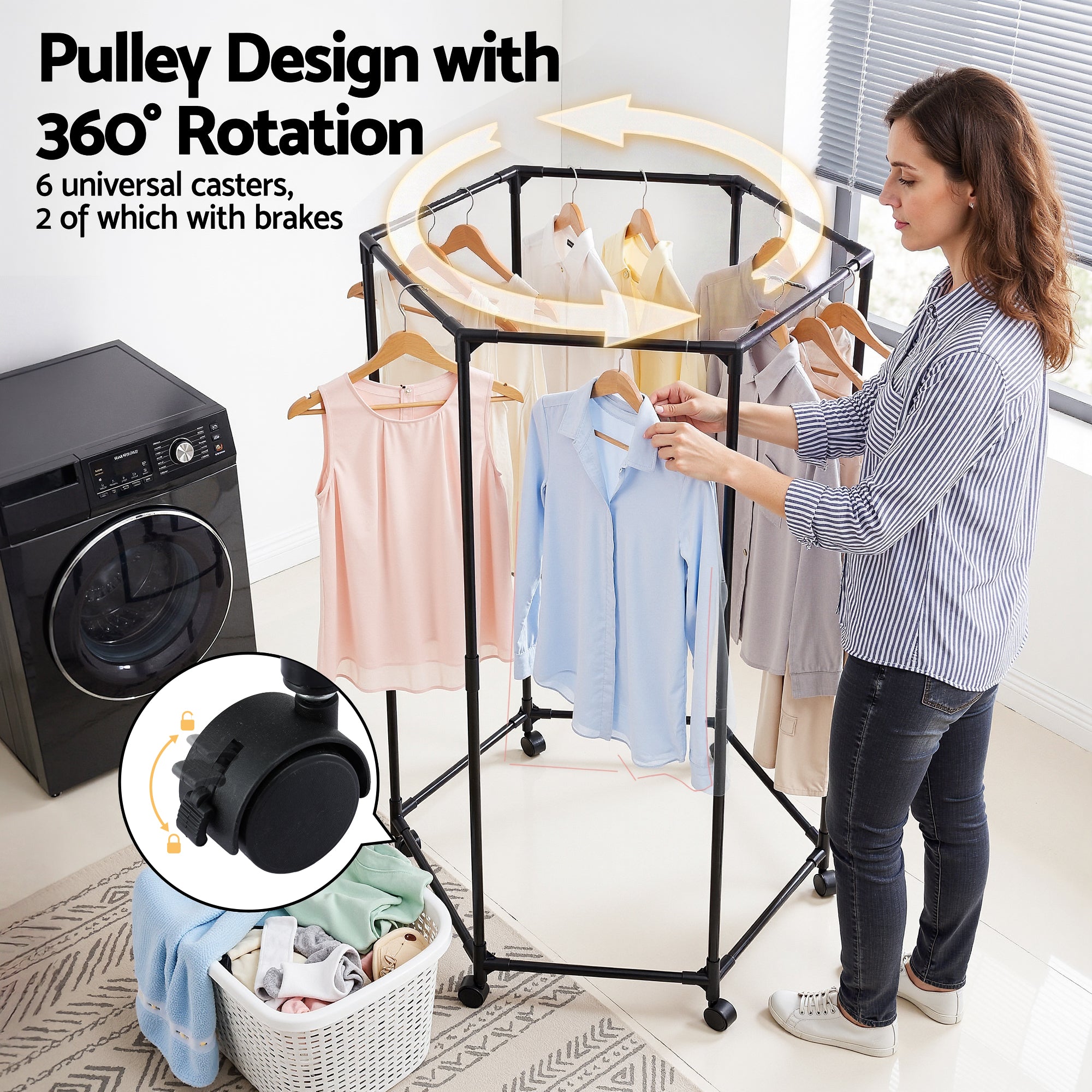 Clothes rack with rotating hang rails and caster wheels, with shirts on hangers