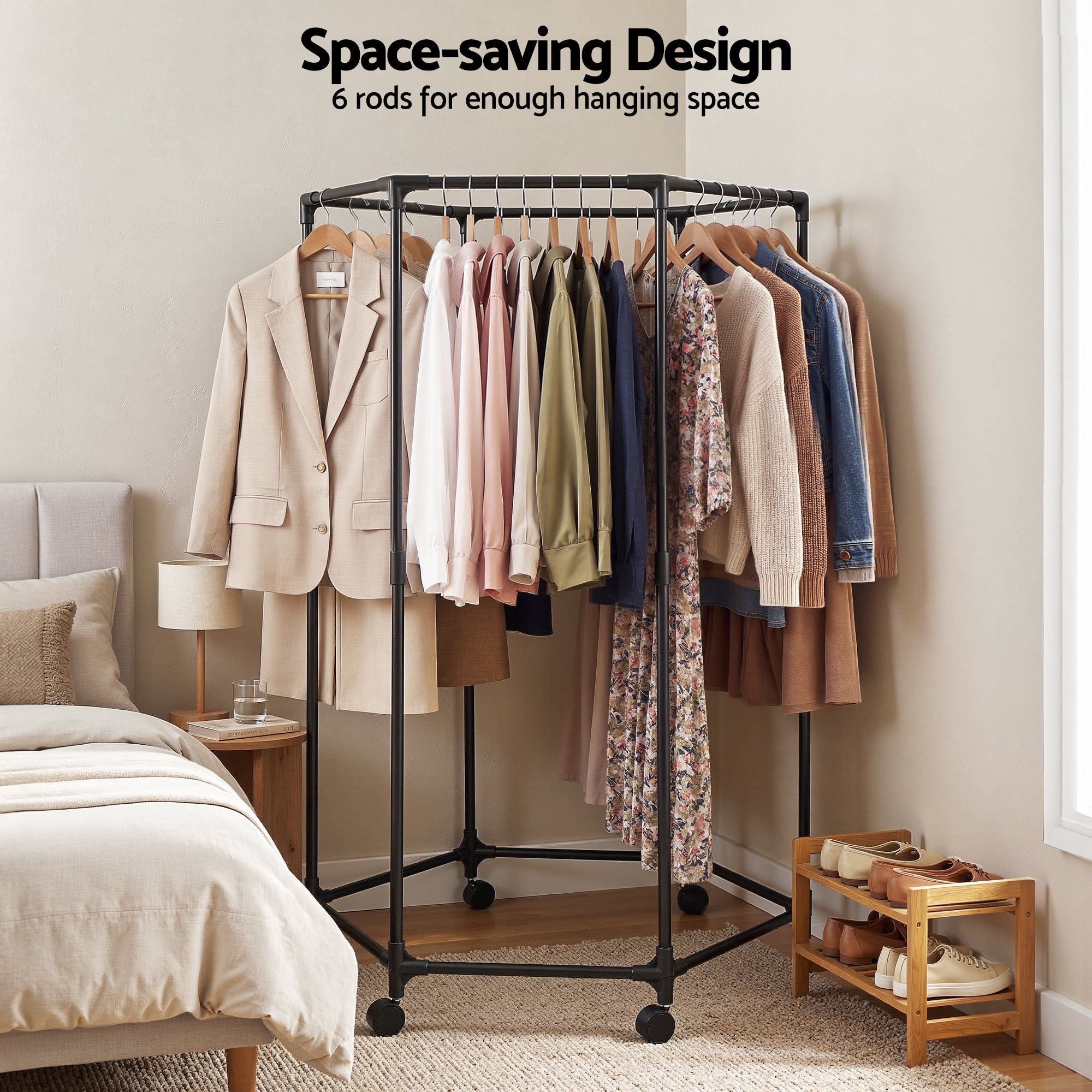 Space-saving clothes rack with six hanging rods and caster base, packed with coats