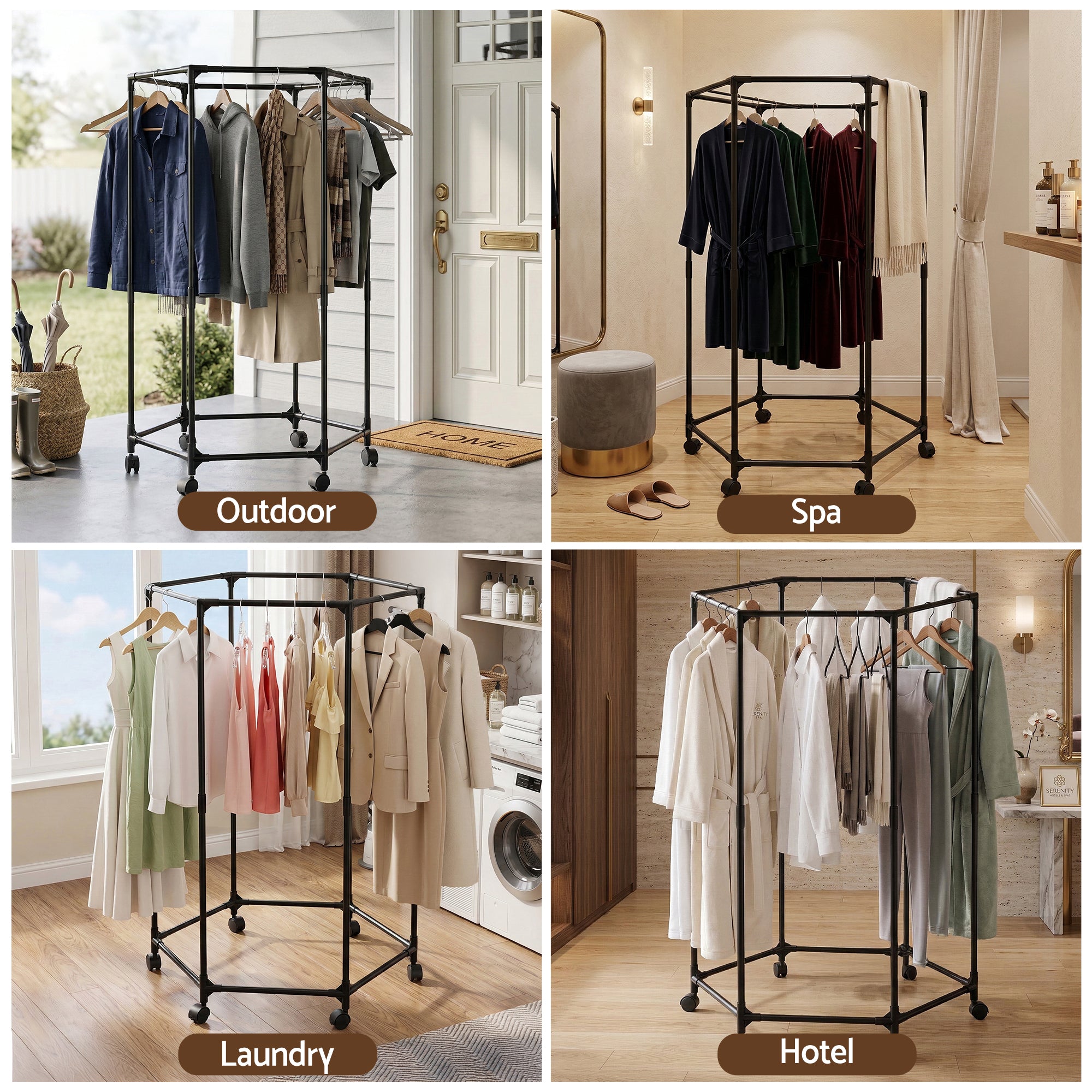 Black clothes rack with multiple rods and caster wheels, shown in several room setups