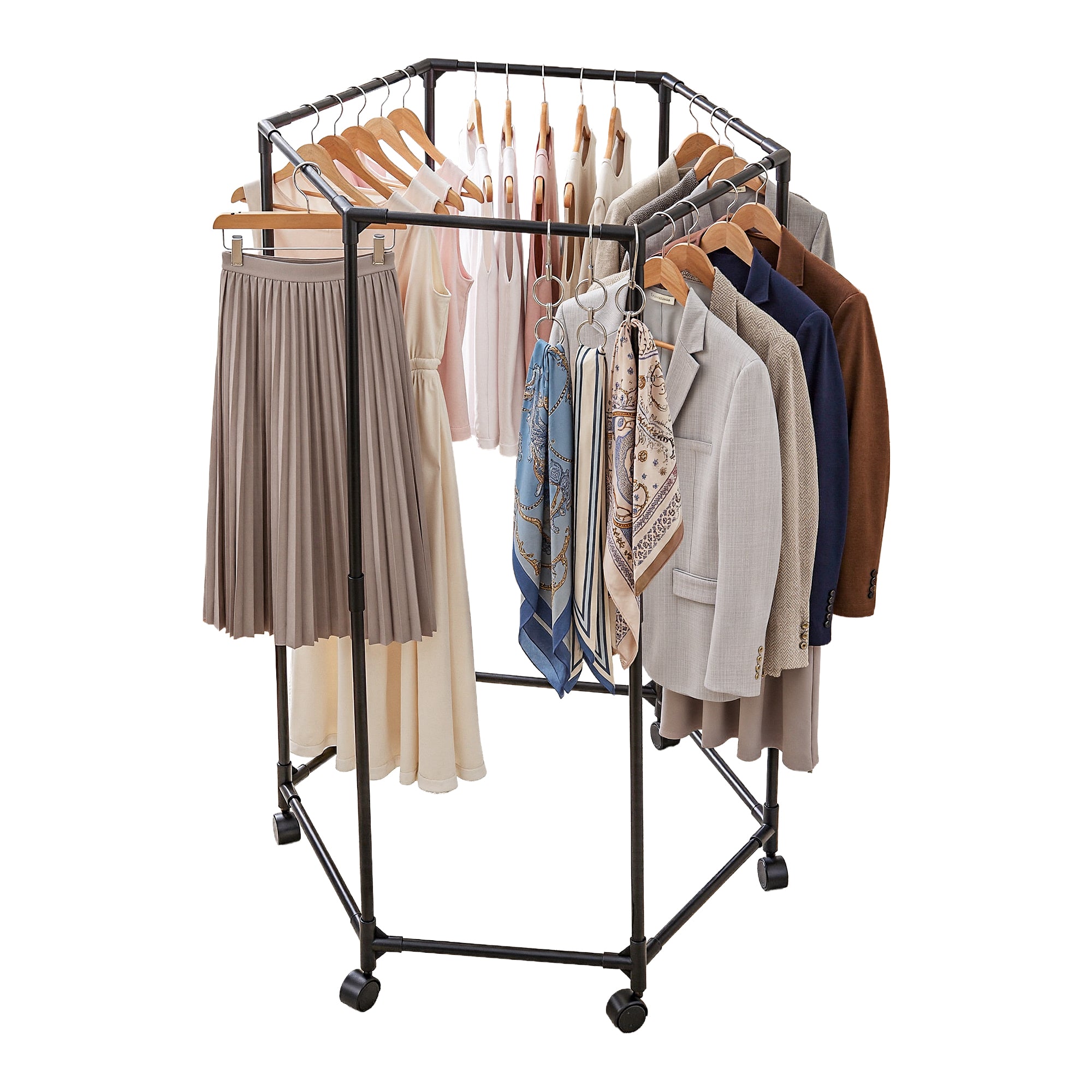 Black metal clothes rack with six hanging rods and caster wheels, holding coats and pants