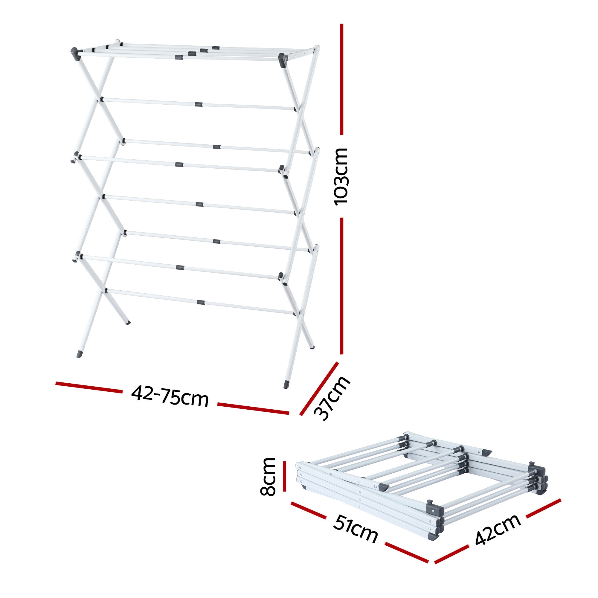 Clothes drying rack dimensions view with foldable white frame and five tiers