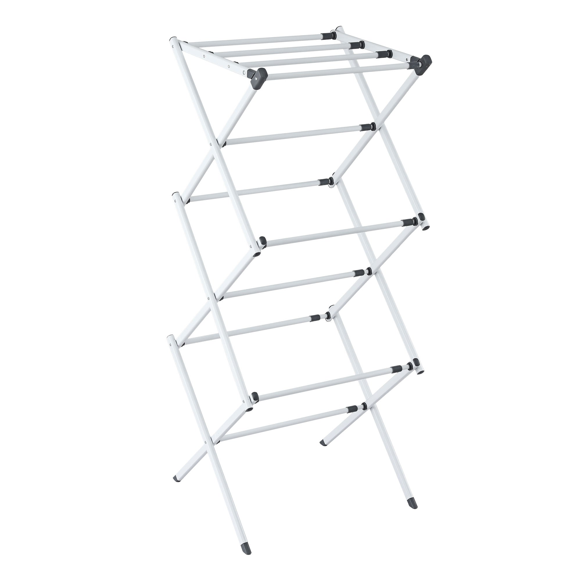 White foldable clothes drying rack, front view with five horizontal drying bars