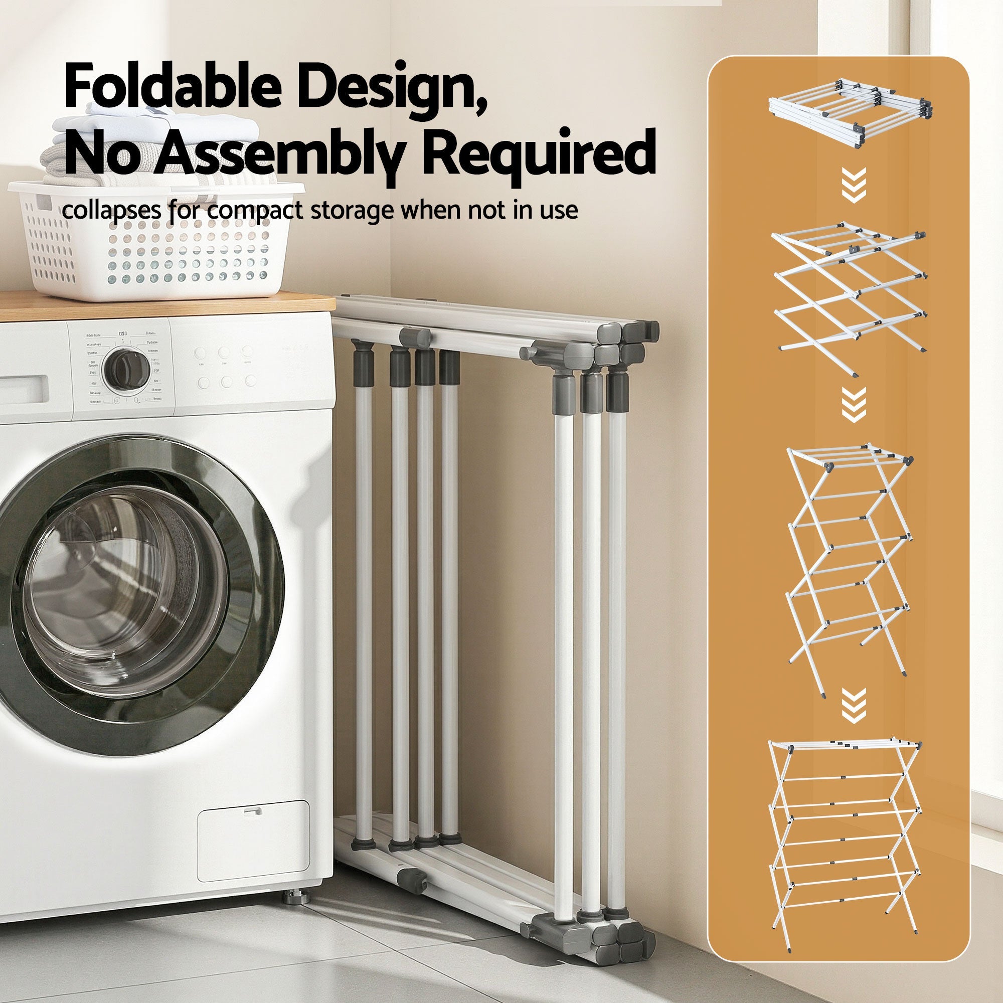 White foldable clothes drying rack with compact folded frame for storage