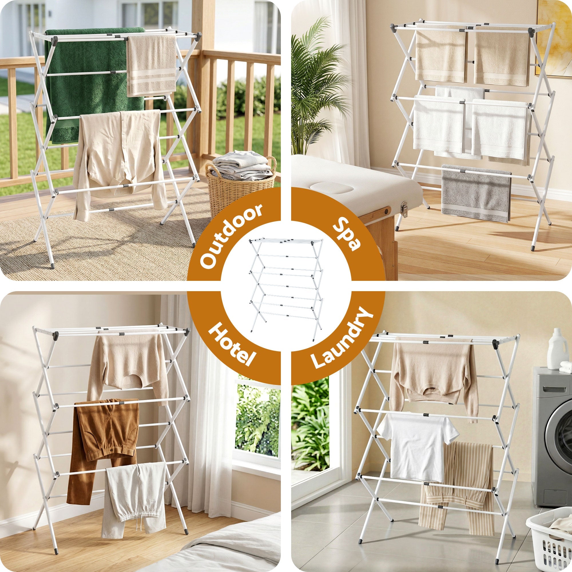 White foldable clothes drying rack in home setting with hanging garments