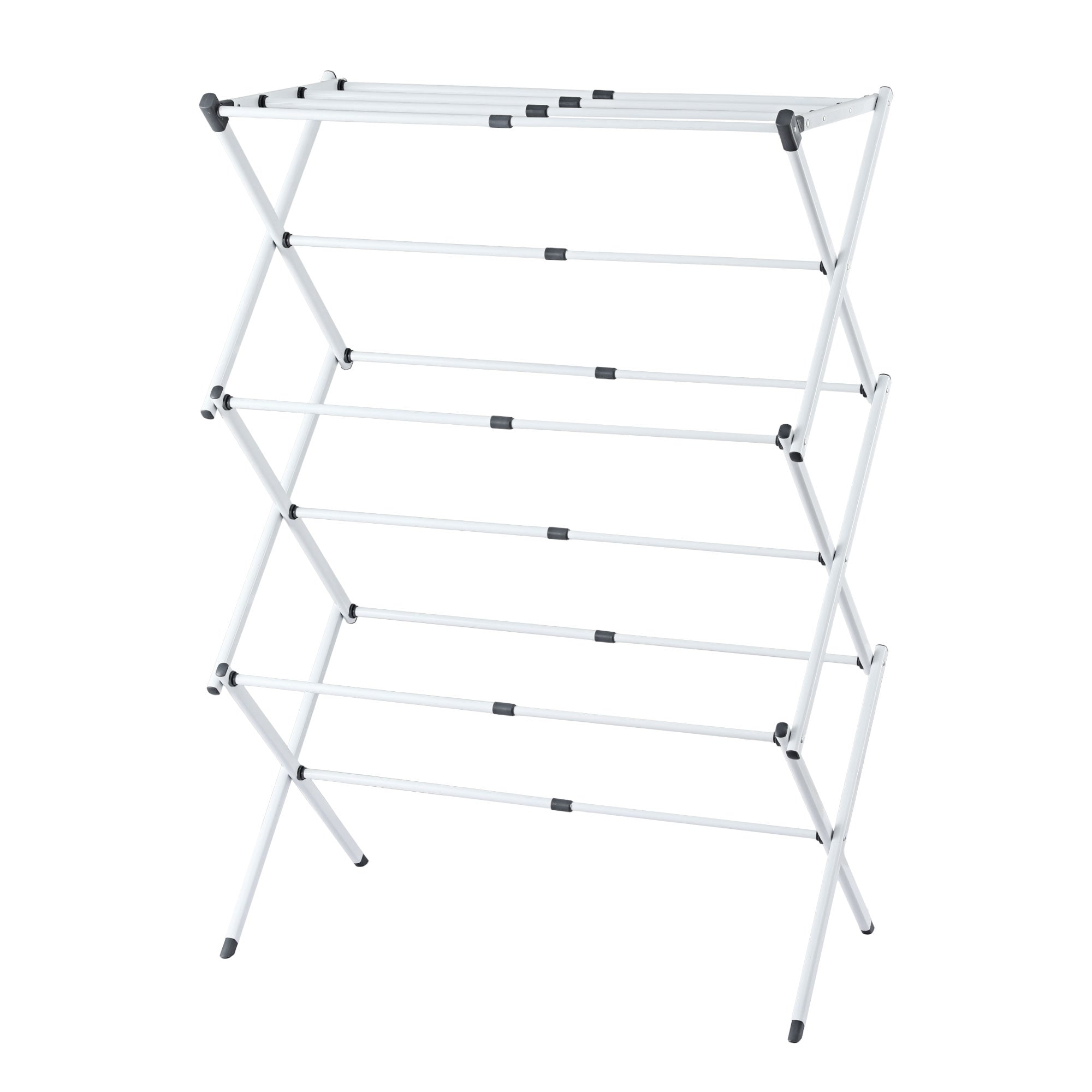 White foldable clothes drying rack with five horizontal bars and stable cross legs